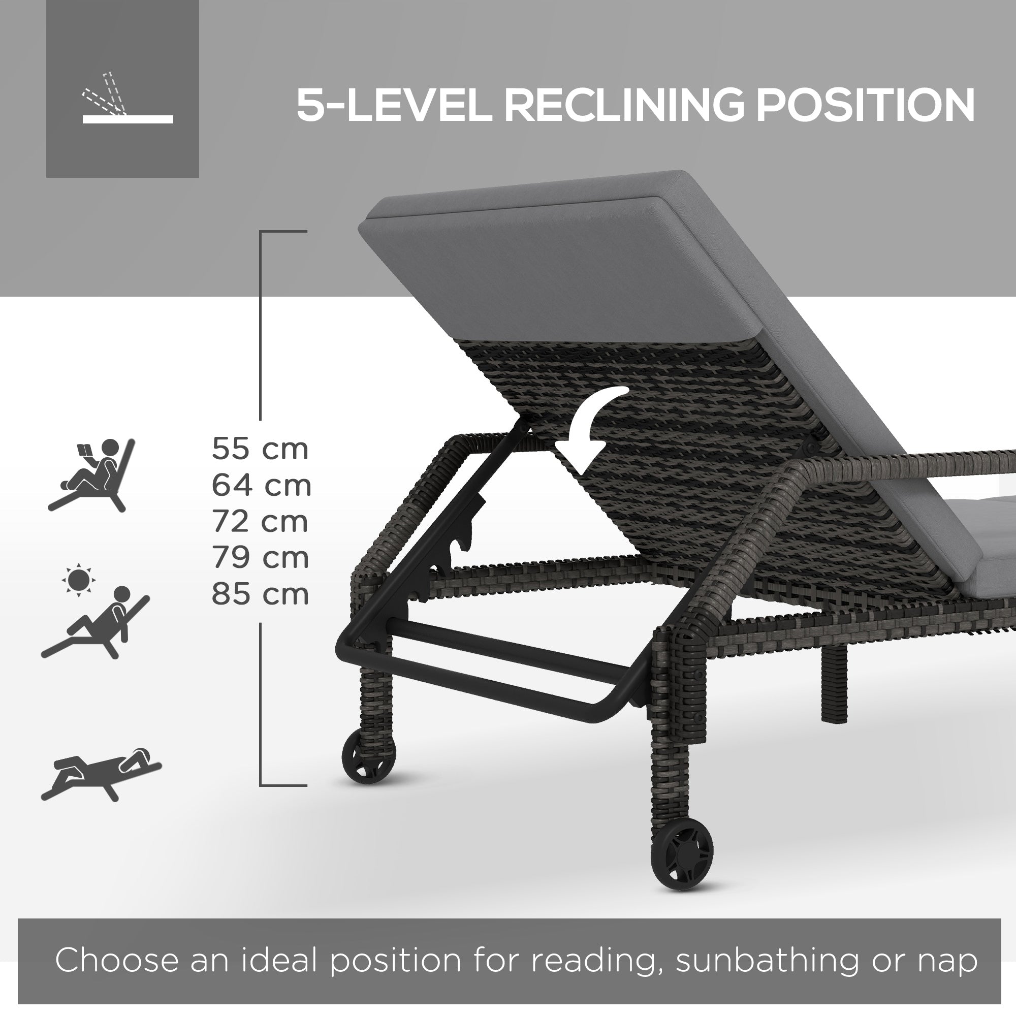 Outdoor Sun Lounger Chaise Recliner, 5-Level Adjustable Backrest, 2 Wheels, Rattan Wicker