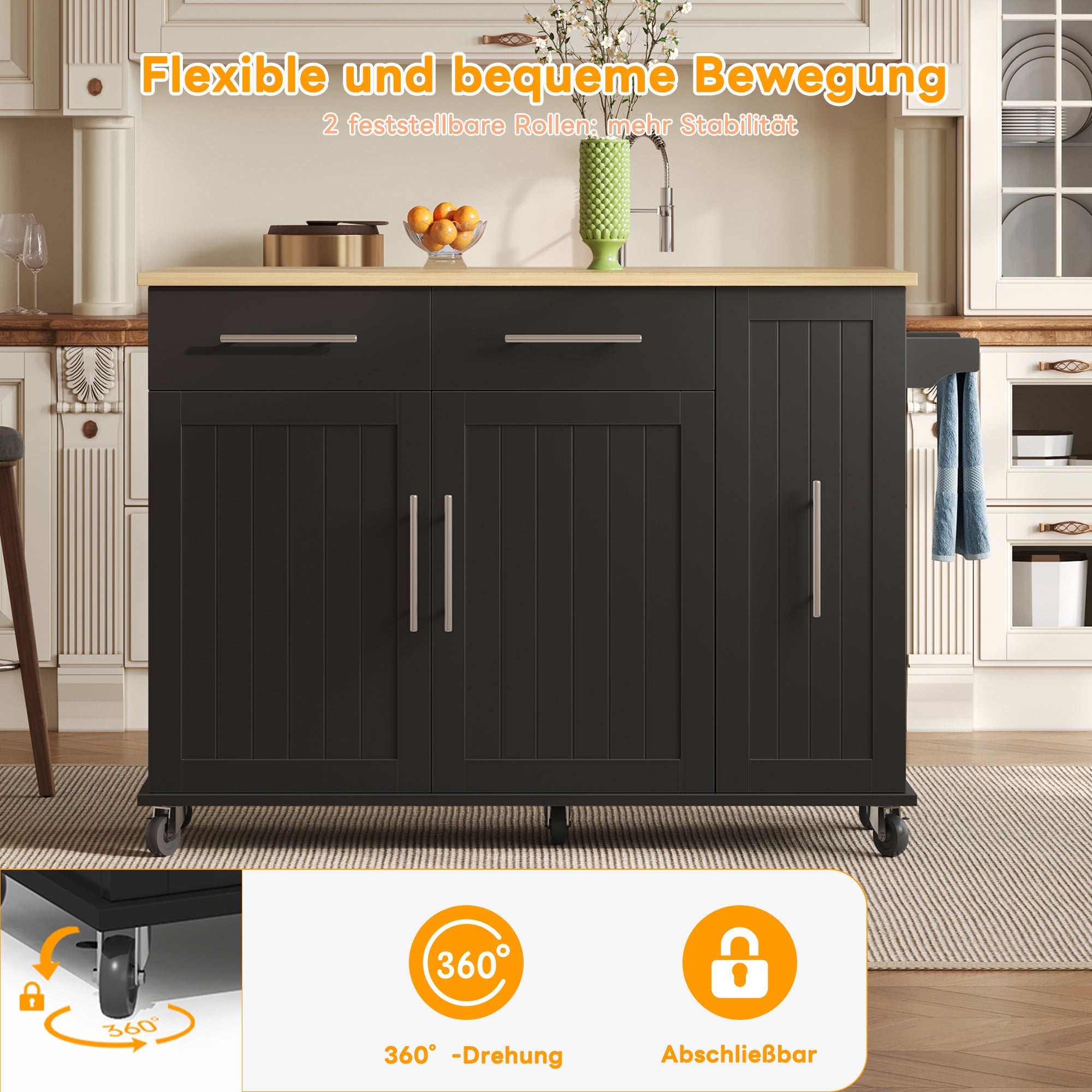 Kitchen Island Drop Leaf Rolling Cart 3-Tier Pull-Out 2 Drawers - Black