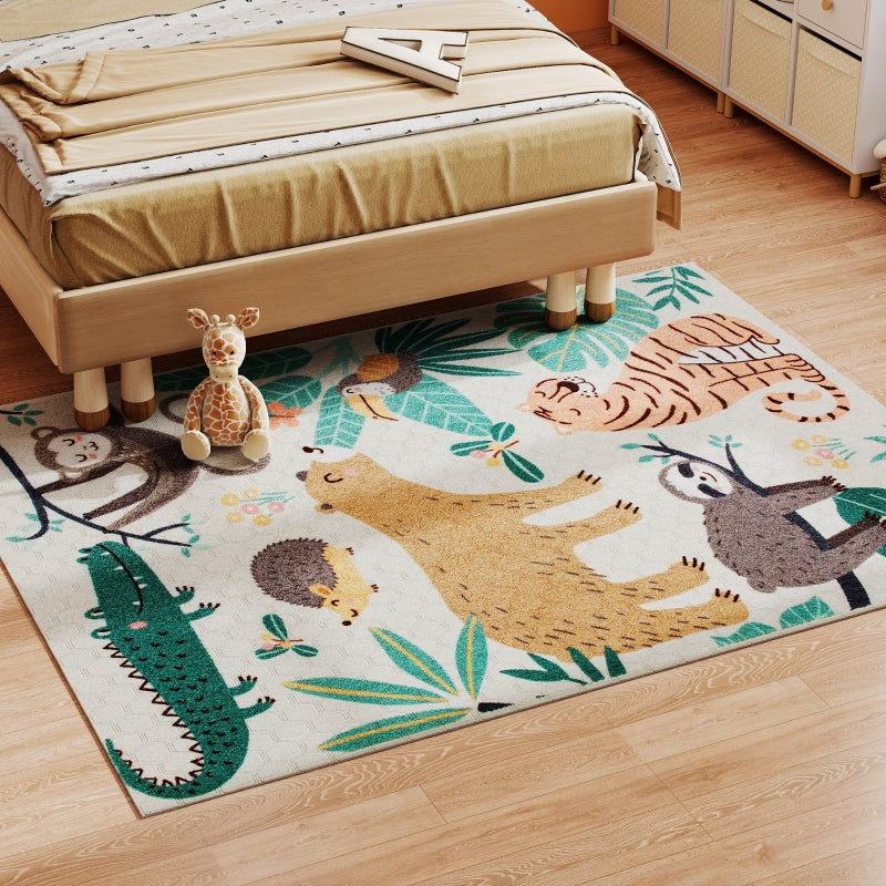 Fleece Rug, Jungle Pattern, Easy-Care, Cream White + Multi-Coloured