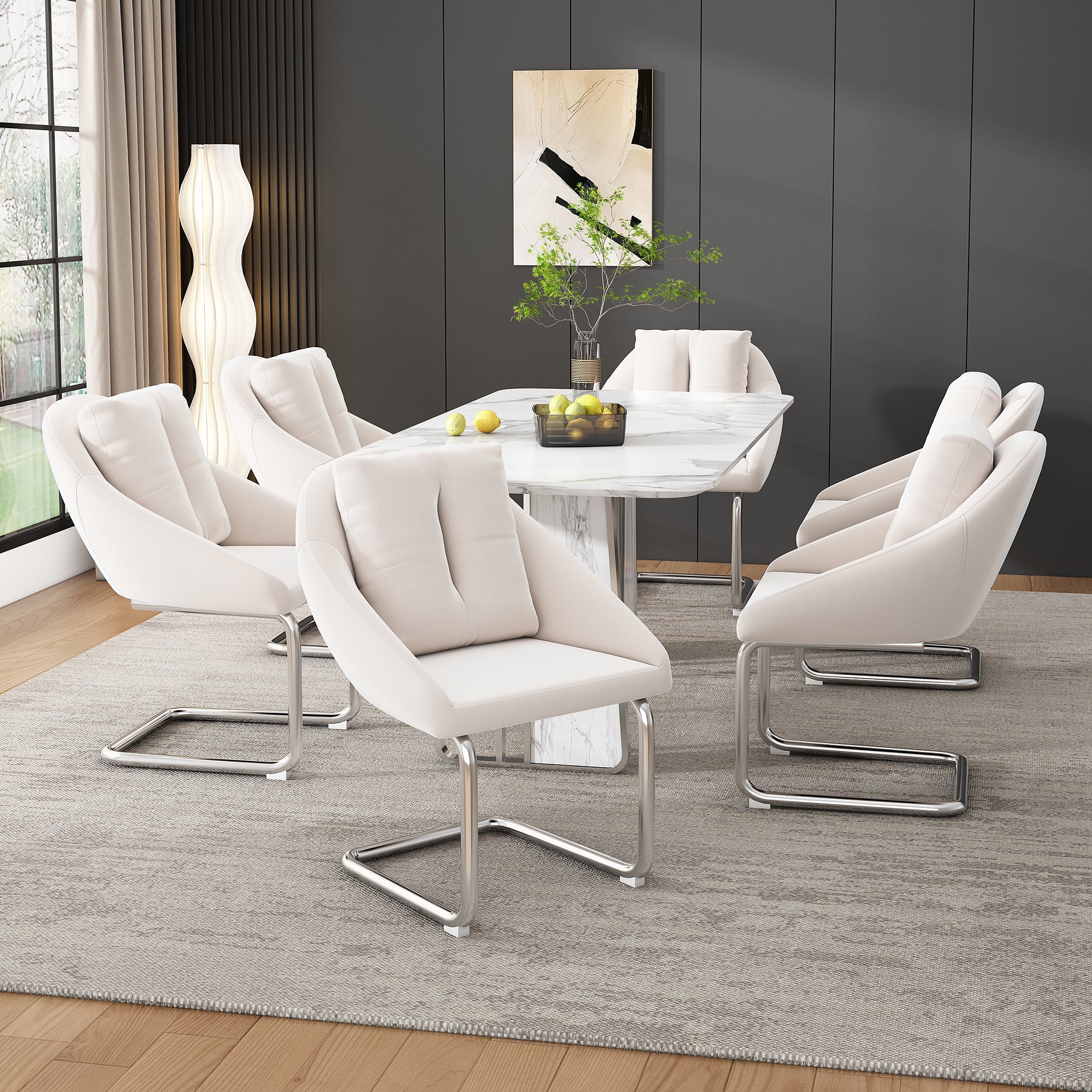 Velvet Dining Chair Set of 6, Luxurious Swivel Design with Cushions and Curved Legs, Beige Samt