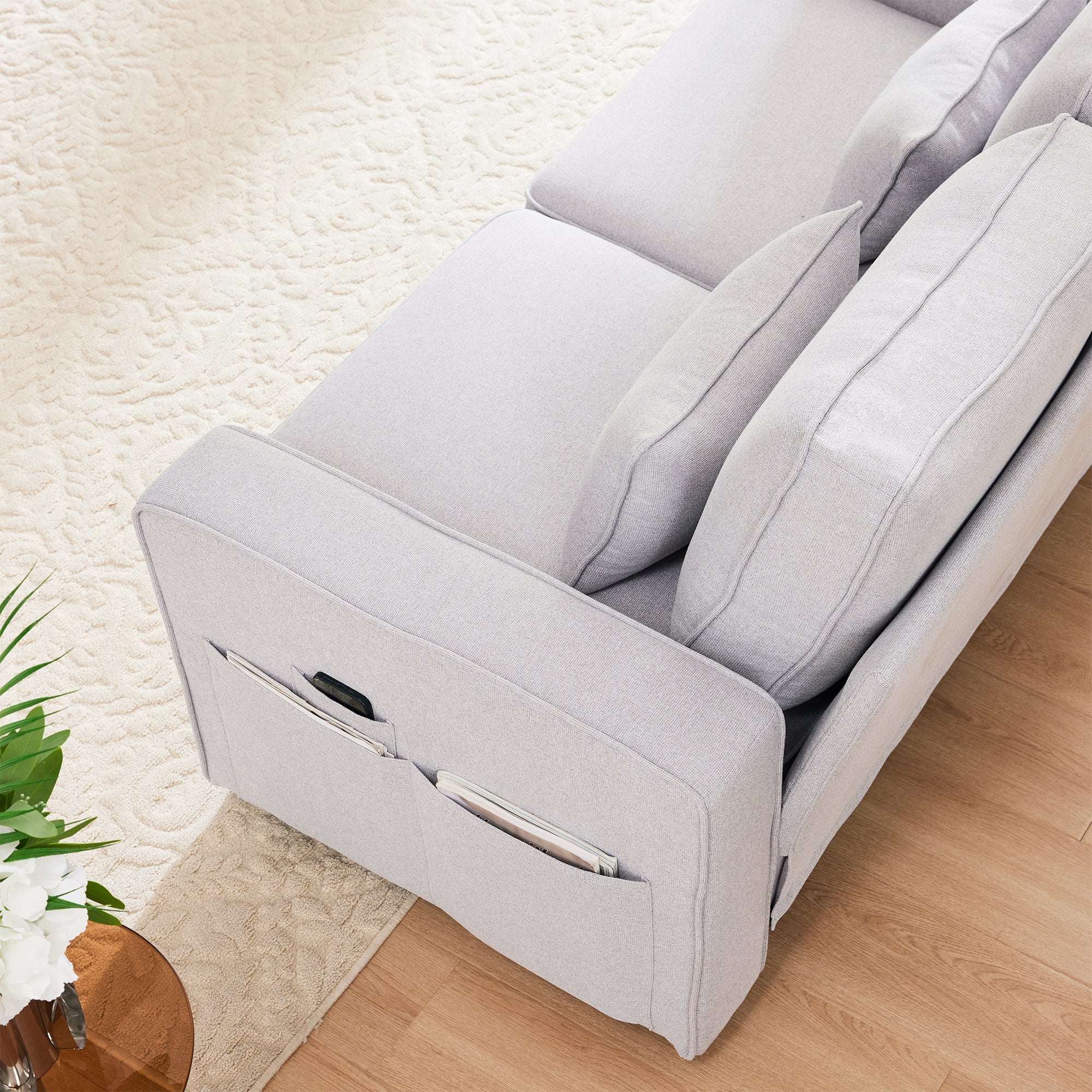 Sofa, 4-Seater with Console, Cupholders, USB, Linen Fabric