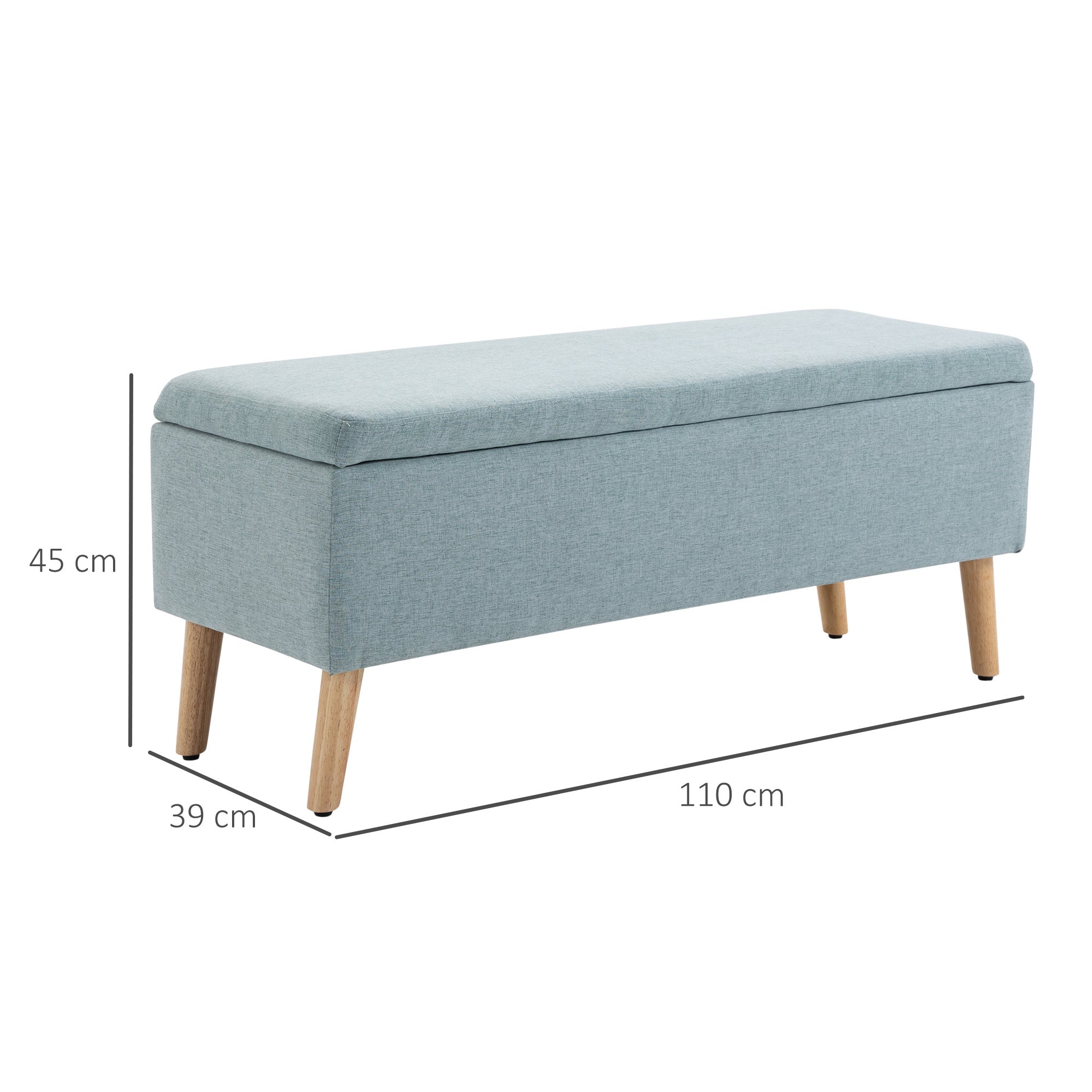 Light green upholstered bench with storage 110x39x45cm, linen-like polyester and rubber wood