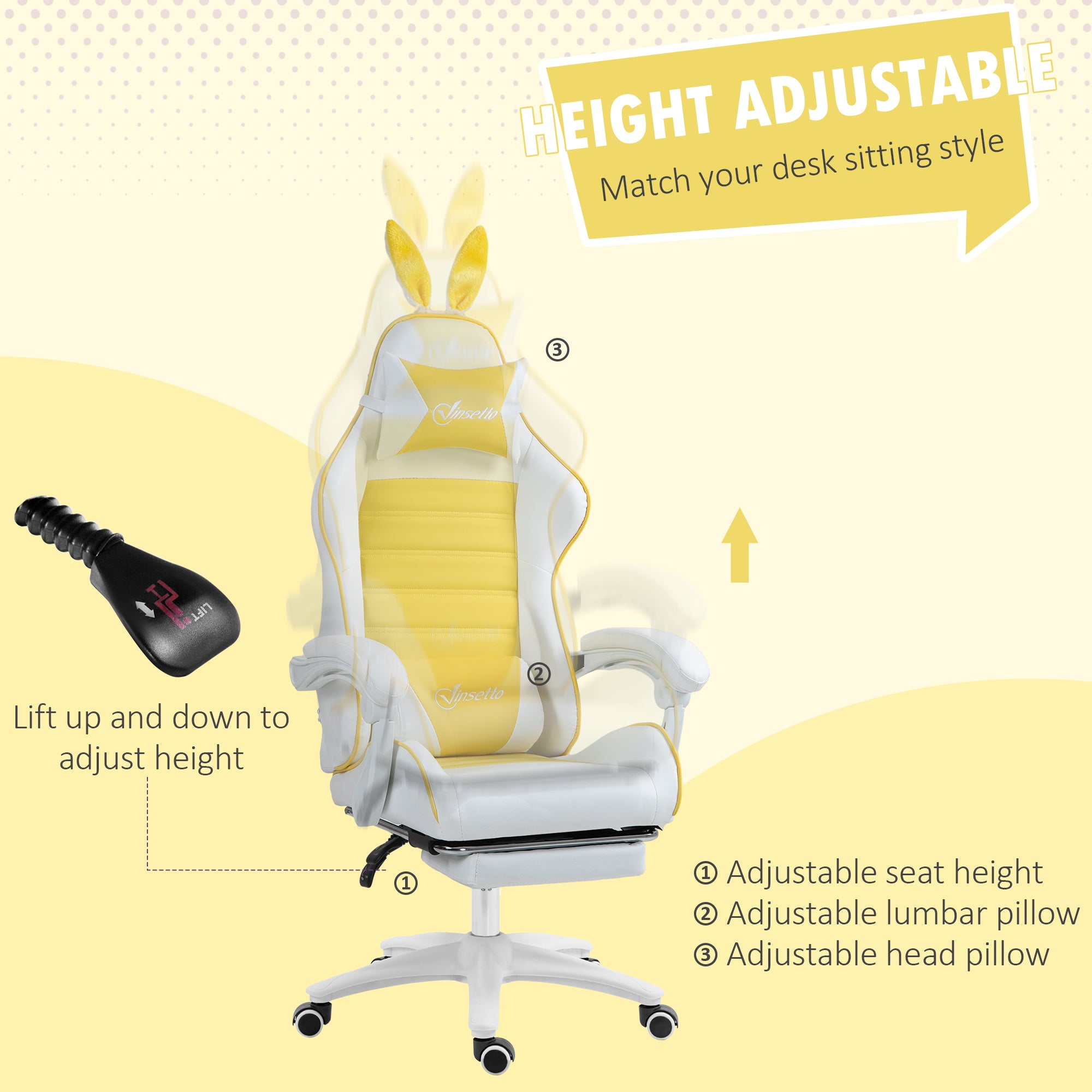 Racing Gaming Chair Reclining with Rabbit Ears Footrest Faux Leather Yellow