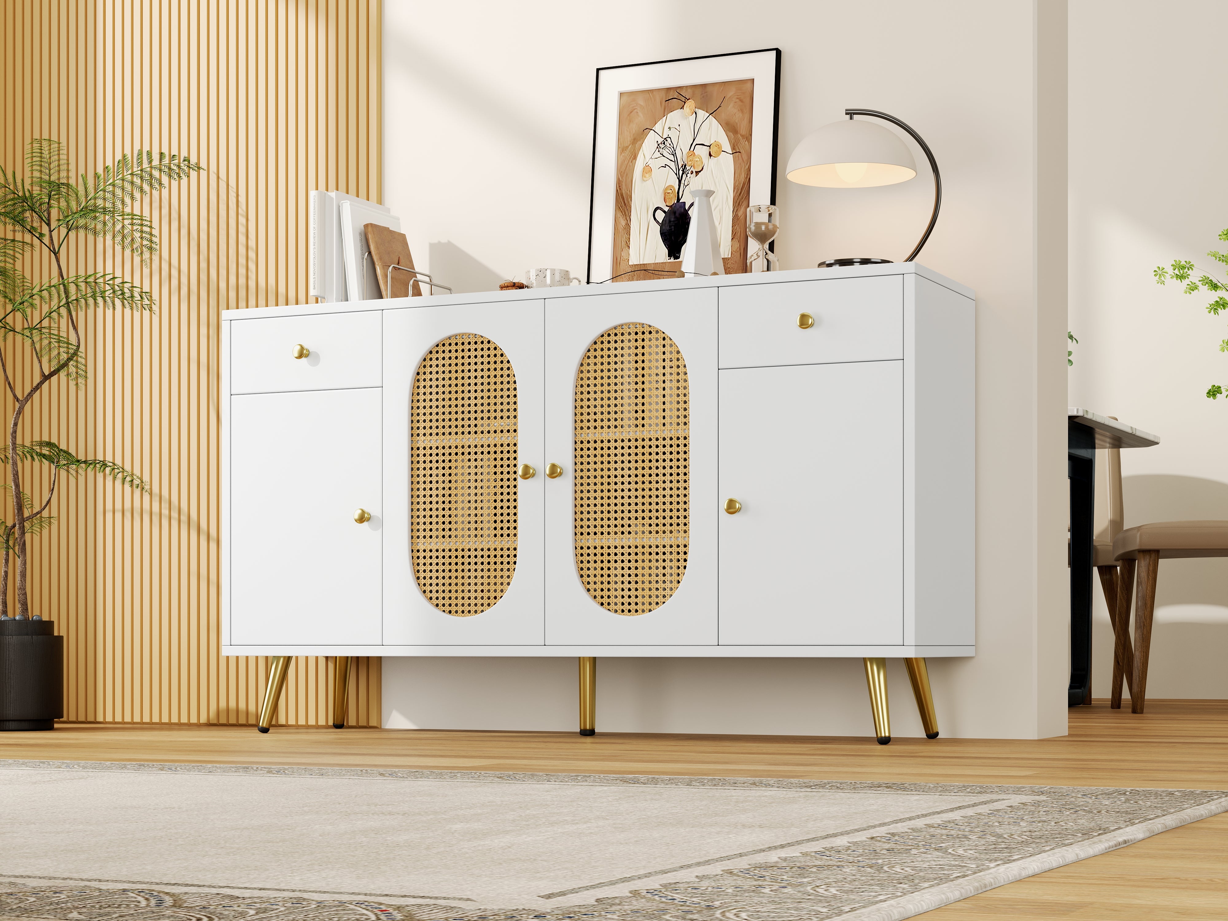 Chest of Drawers Sideboard 2 Drawers 4 Doors Adjustable Shelves White/Natural