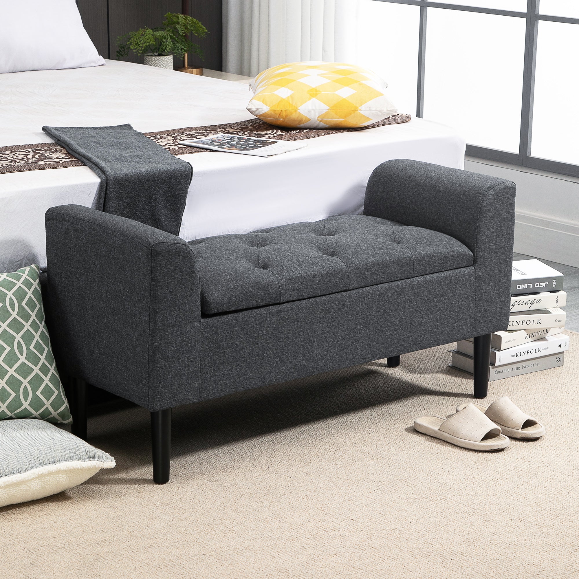 Bench with Storage, Upholstered Stool Chest, Dark Grey Linen