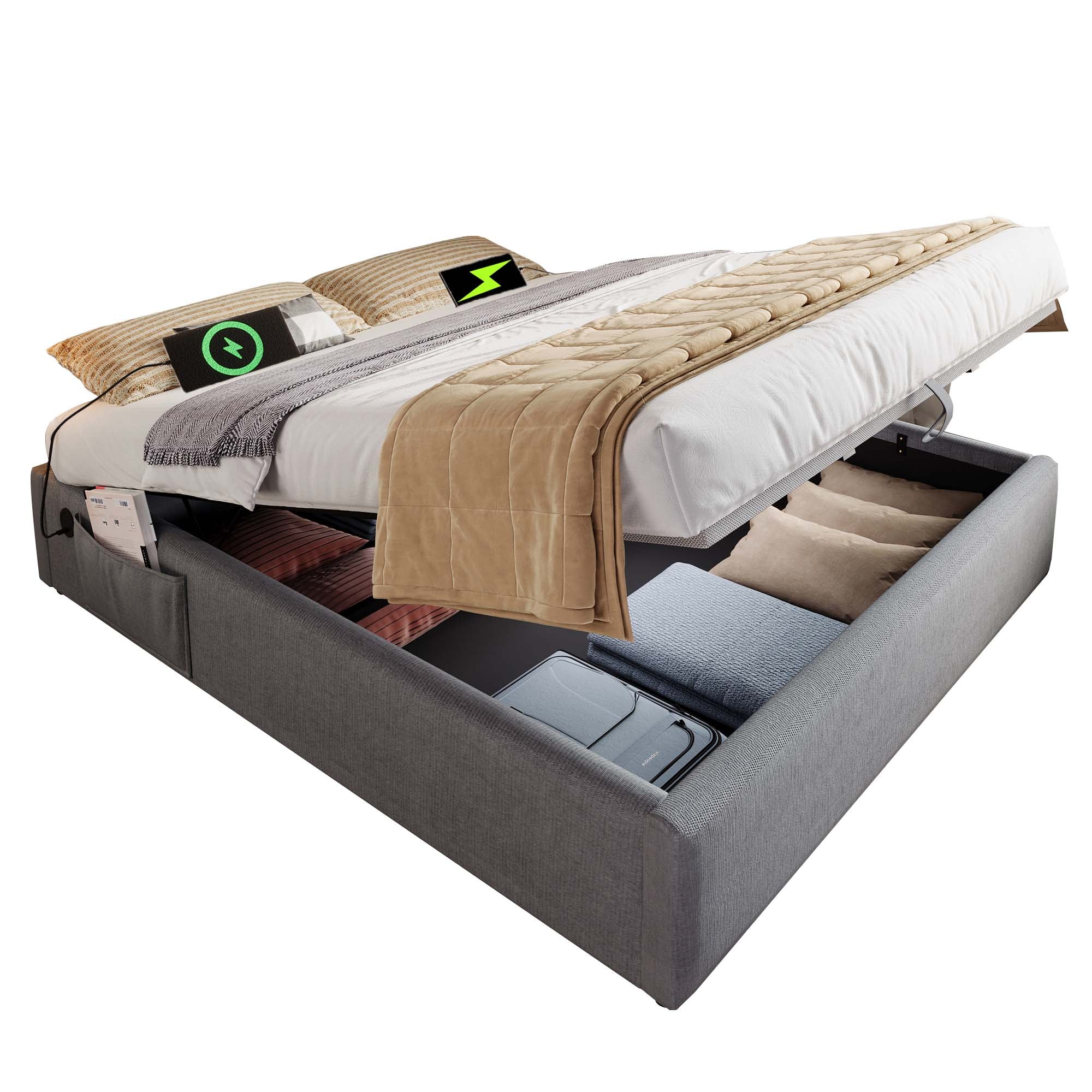 Upholstered Double Bed 140x200 cm, USB-C, Full Slatted Frame, Cotton Grey