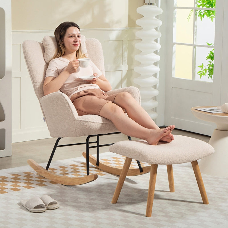 Rocking Chair & Footstool, High Back, Soft Fleece, Wooden Legs, Beige