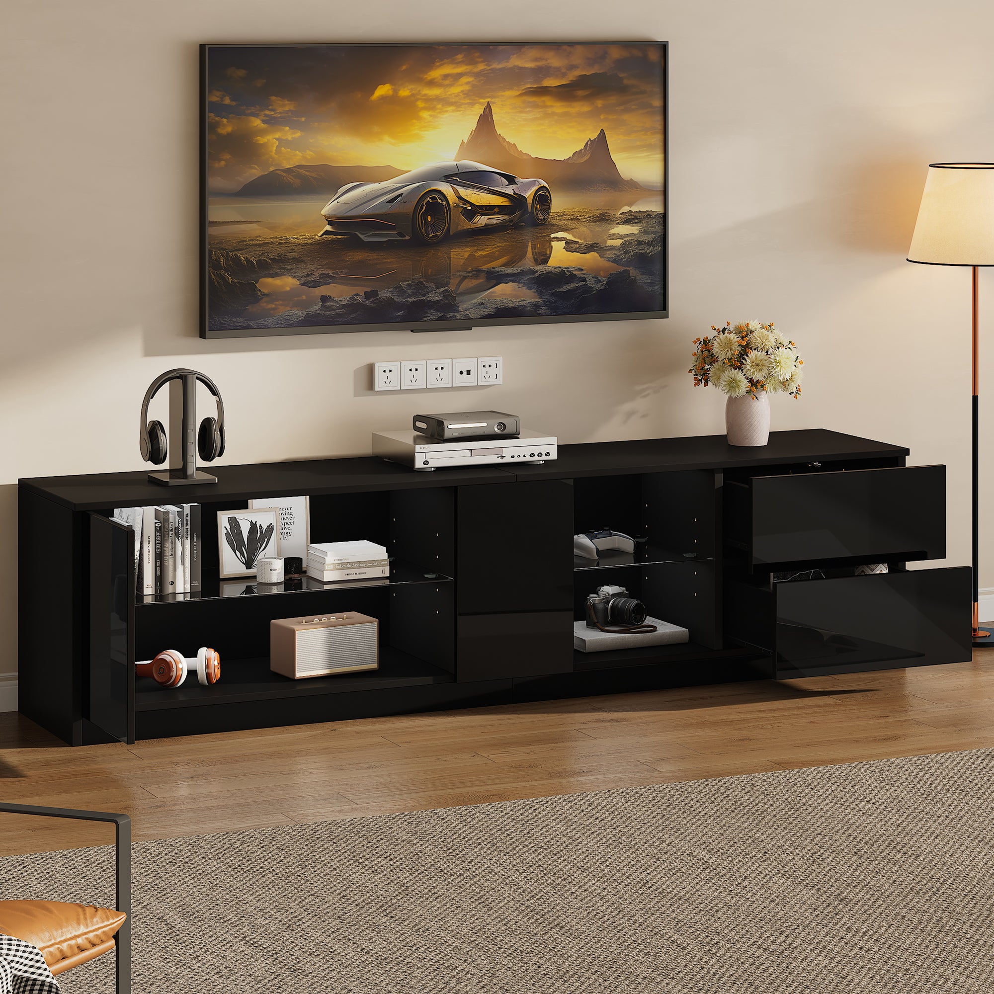 TV Stand, 160x40x52cm LED Lighting for 65" TVs, High-Gloss Black
