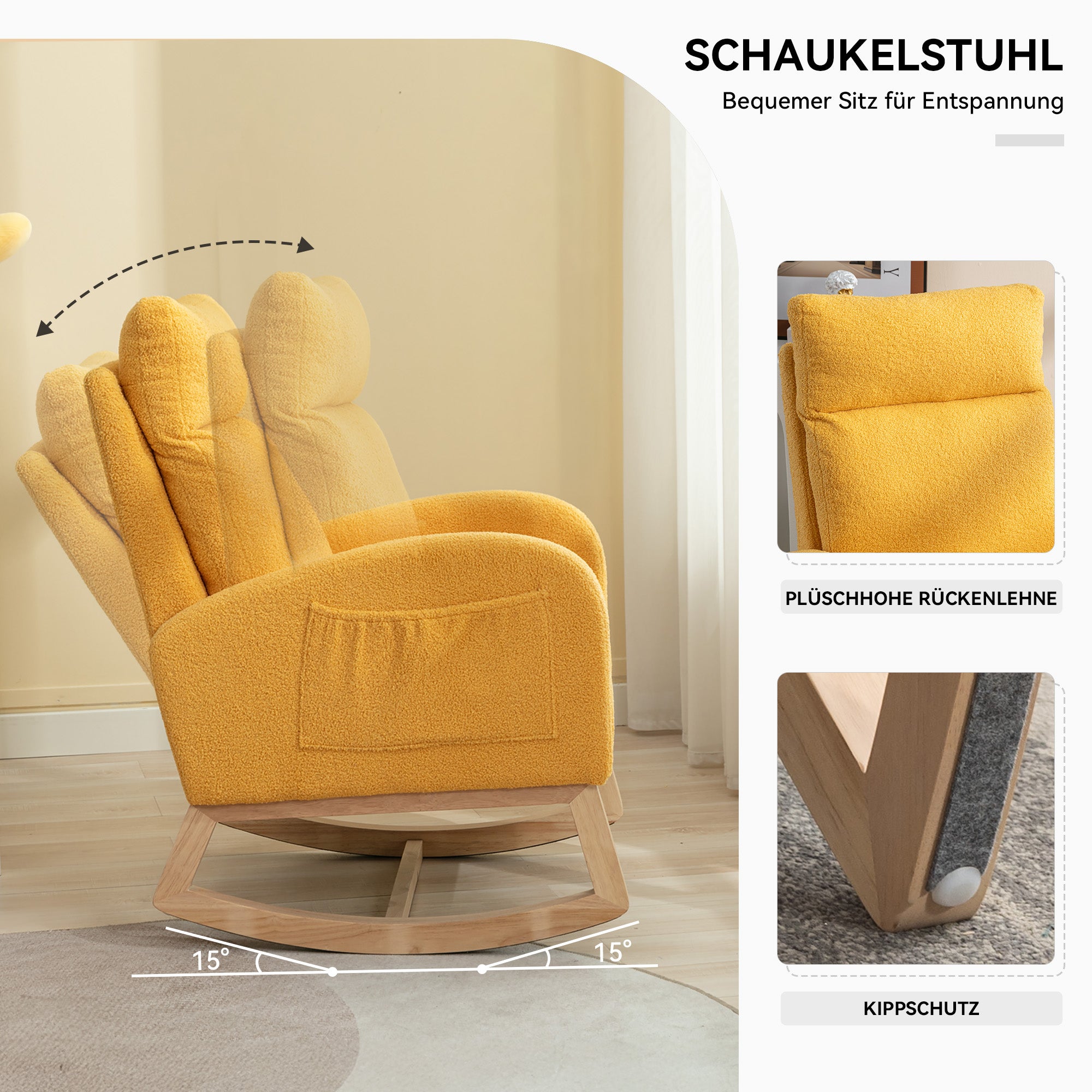 Rocking Chair, Mid-century Modern Upholstered with Padded Seat, Yellow