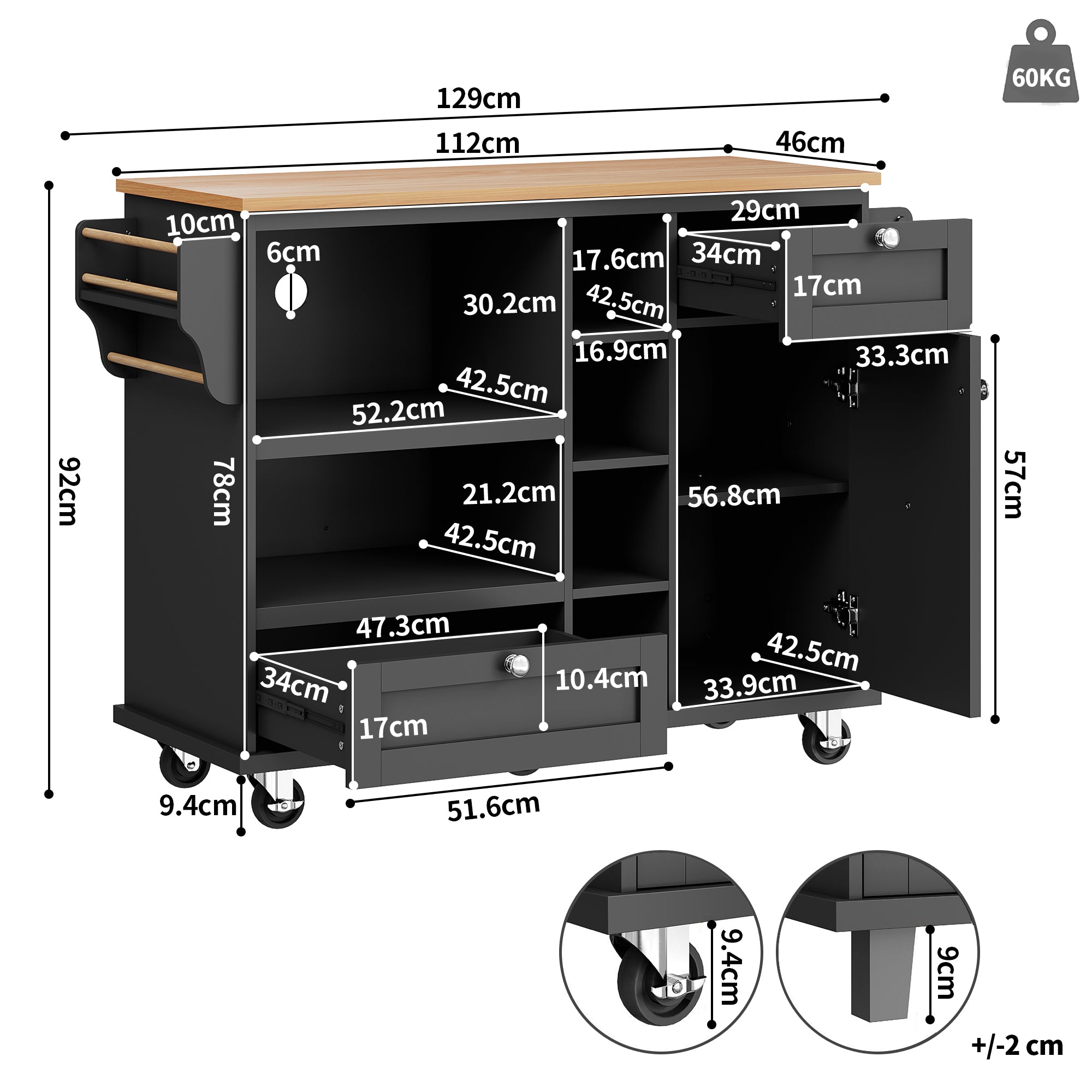 Dining Trolley Mobile Storage Drawers - Black/Light Brown Wood Top