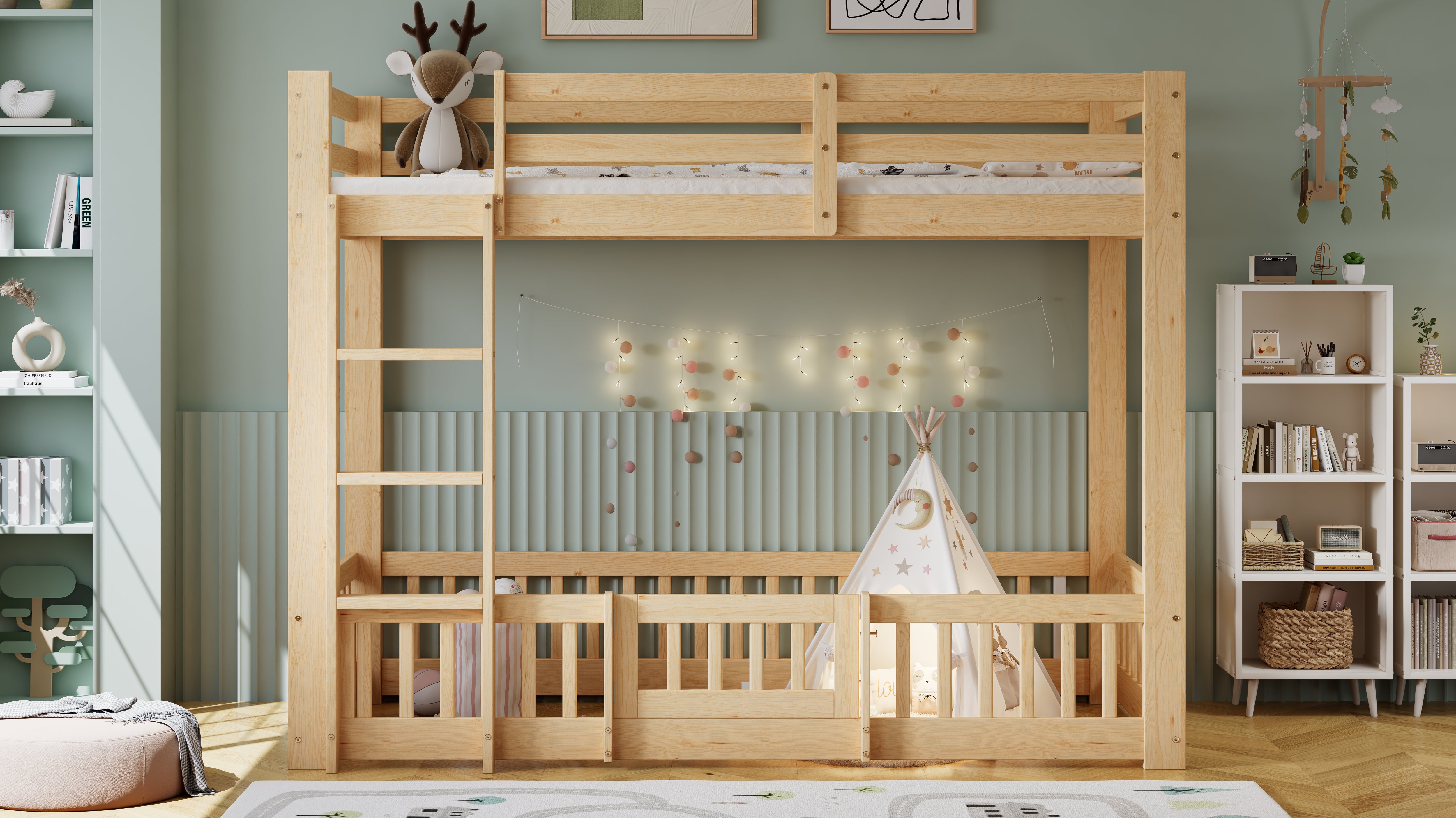 Bunk Bed, Wooden with Stairs, Railing, Fall Protection, Pine