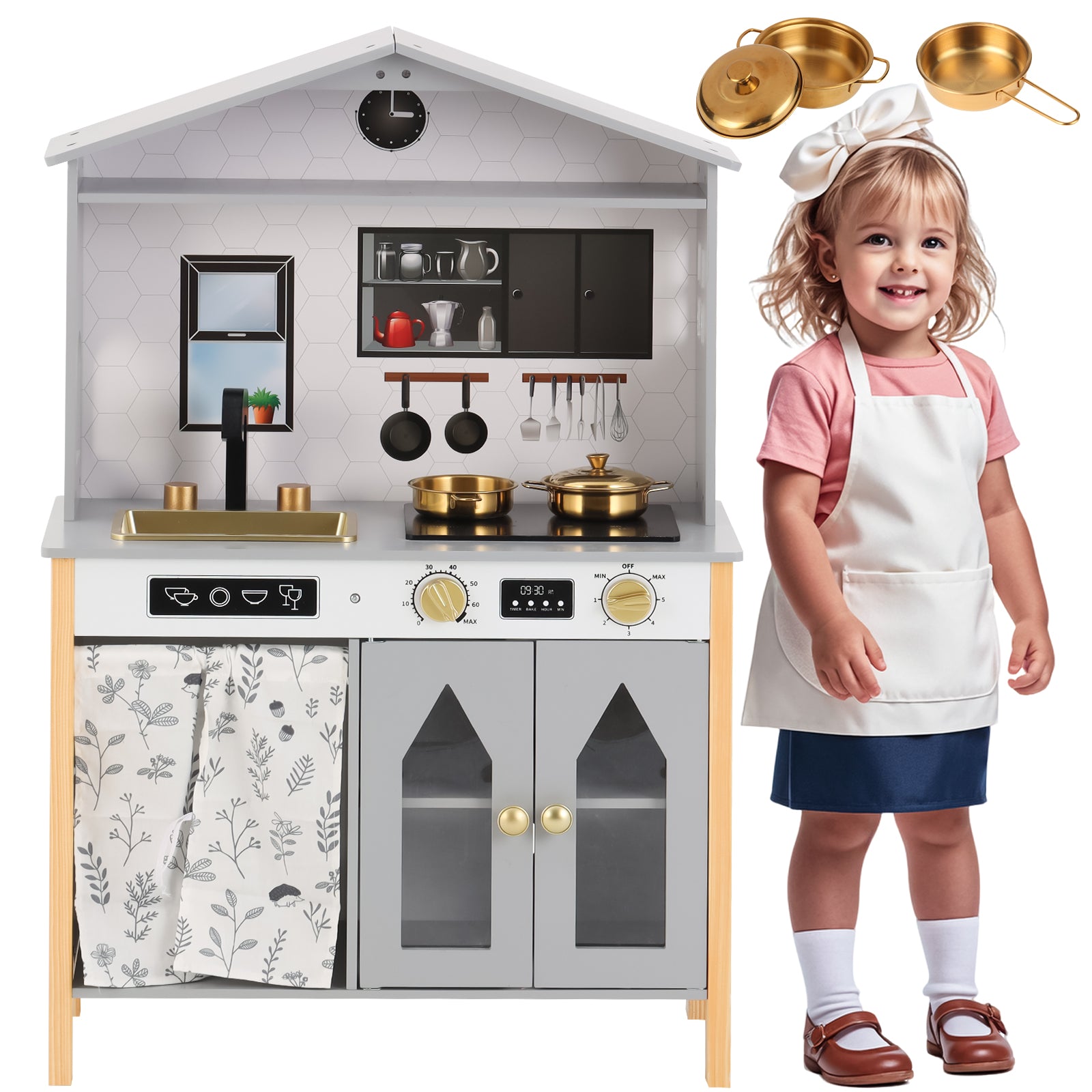 Children's Play Kitchen with Creative House Design and Accessories, Wood and Plastic, Grey
