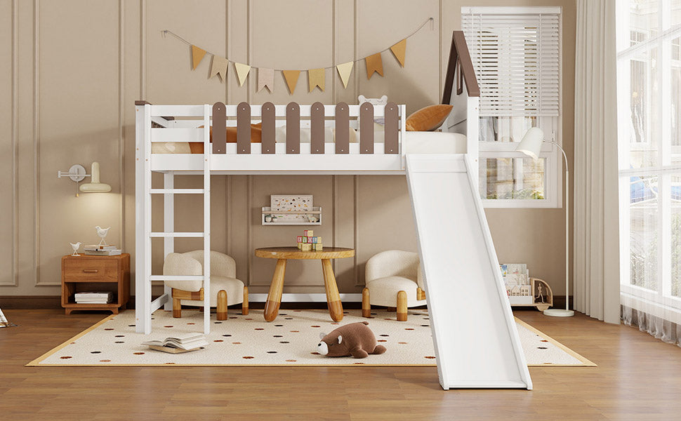 Loft Bed, Roof & Window, 3-Step Ladder, Slide, Pine+MDF, White+Walnut