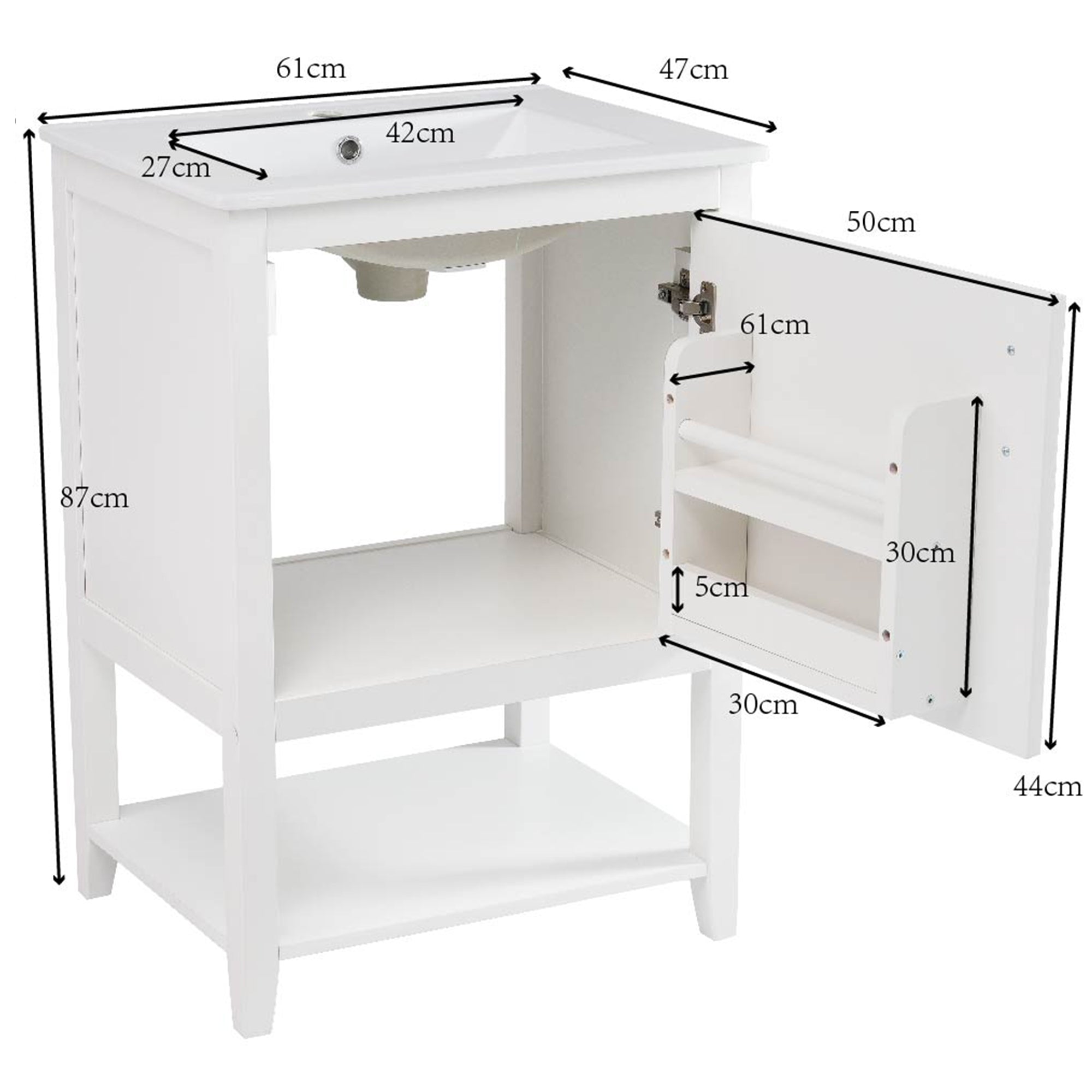 Bathroom Vanity Unit 60cm with Ceramic Washbasin & Shelf, White