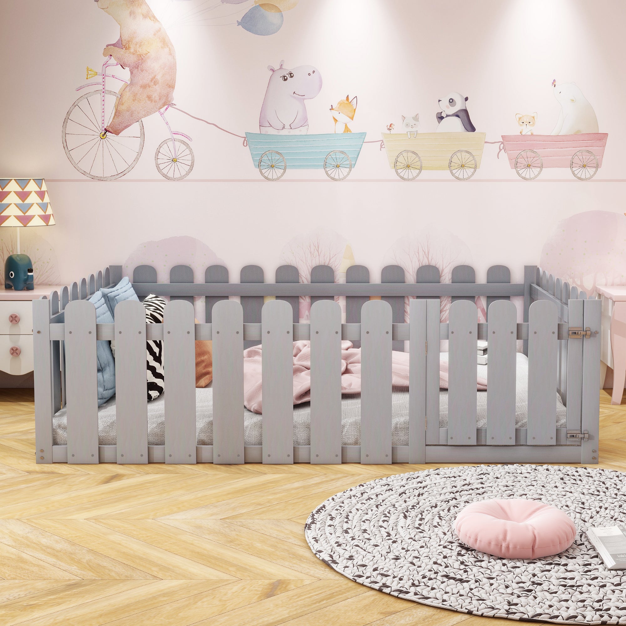 Children's bed 140x200cm wooden bed frame with border and door, grey