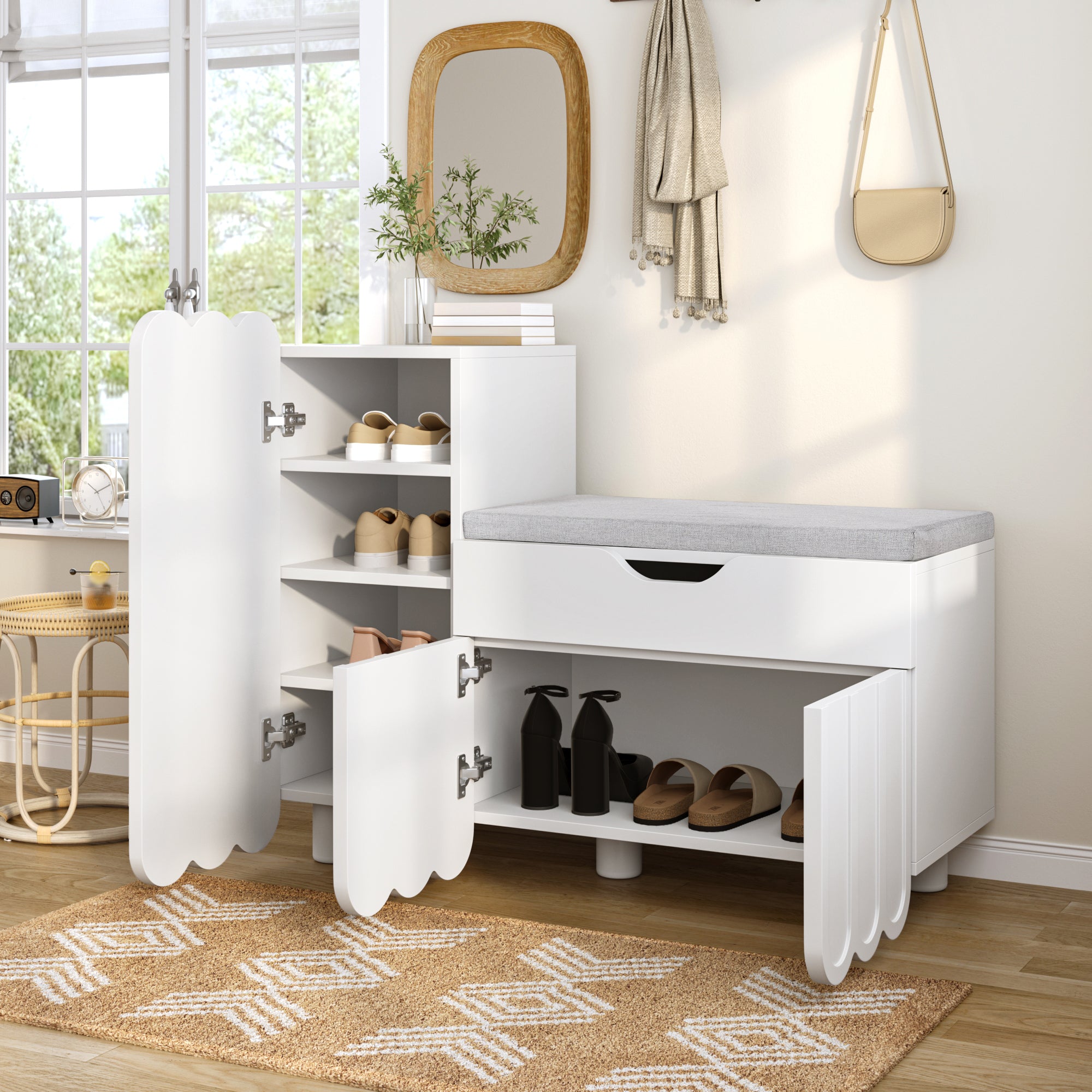 Modern 3-door shoe cabinet with drawer and seat cushion, white
