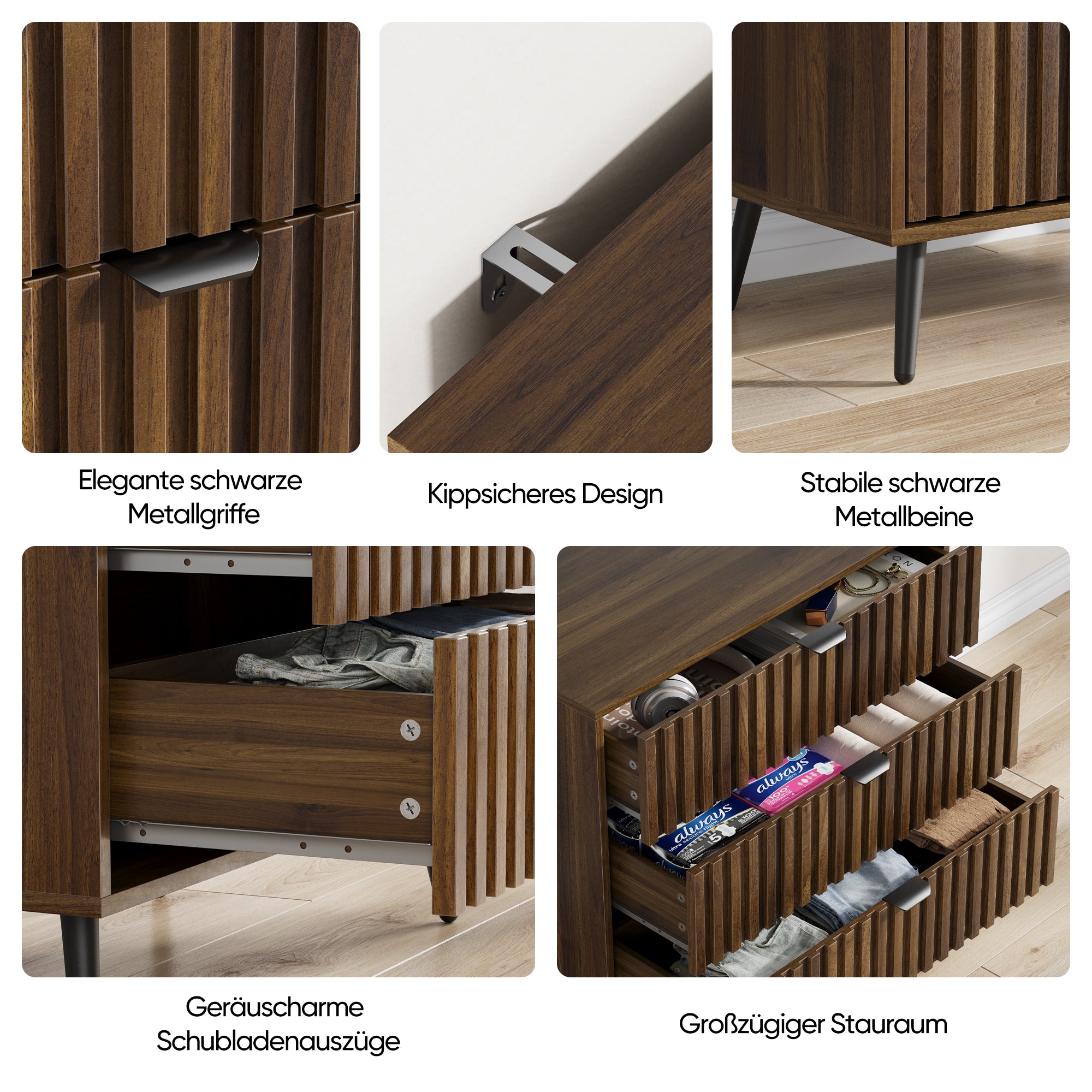 Chest of Drawers Storage Cabinet 3 Drawers Wooden Walnut Color