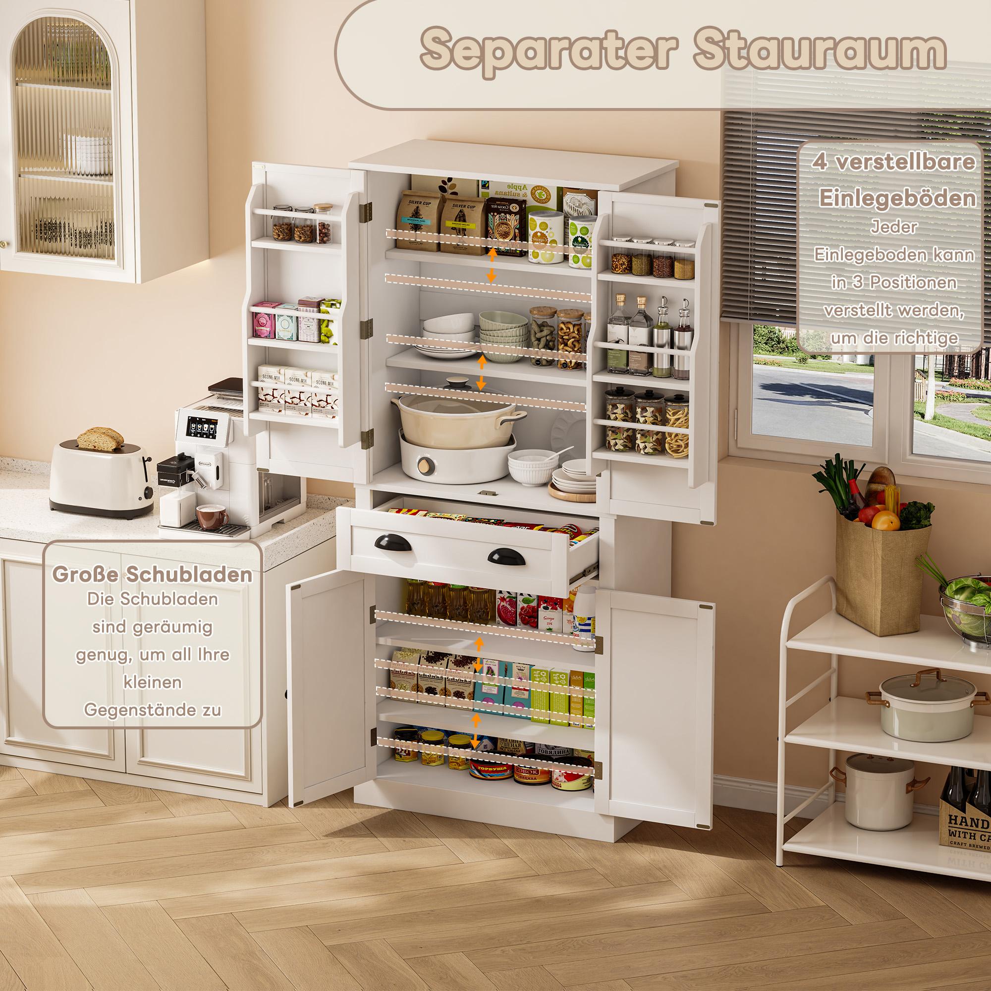 Storage Cabinet with 4 Doors and 1 Drawer, 6 Compartments and 4 Adjustable Shelves, White