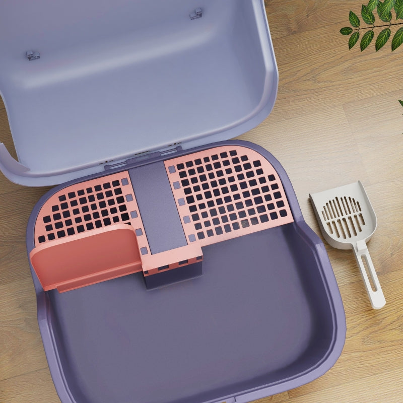 Cat Litter Box with Lid, Scoop, Easy Clean, Lockable, Purple