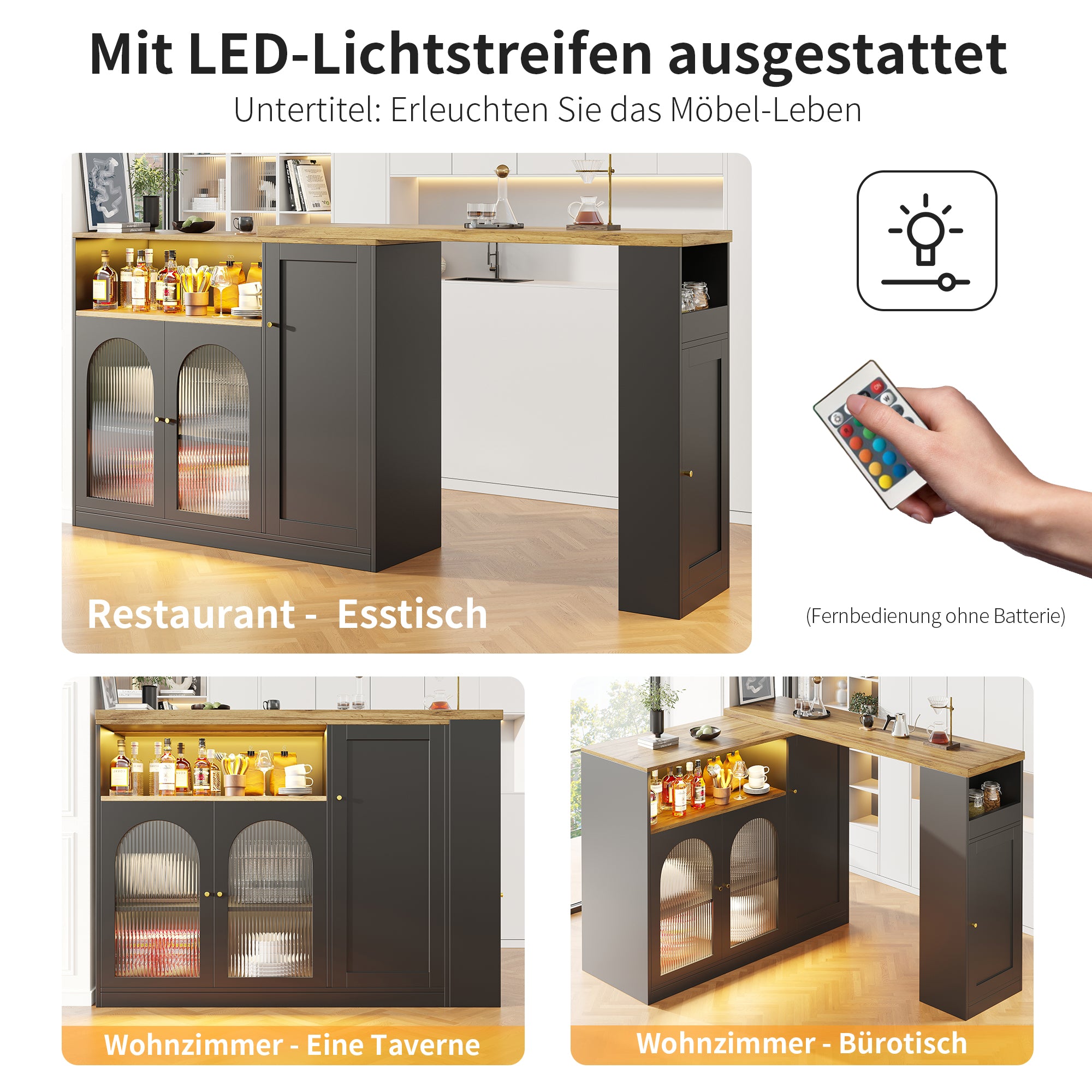 Bar Table, 360° Rotating with LED Light, Matte Black