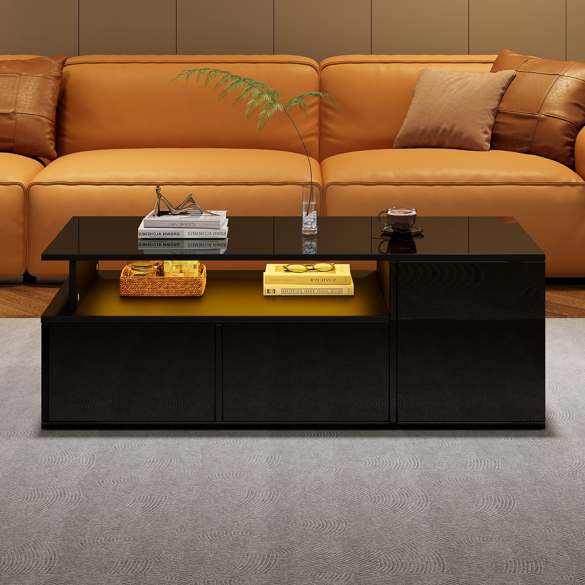 Coffee Table 100x50x35cm LED Lighting 2 Drawers 60kg Black