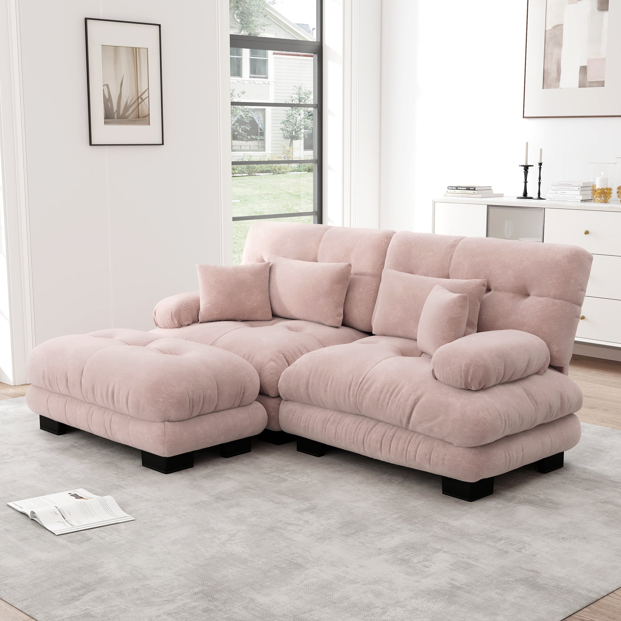 Cloud Corner Sofa, Double Sofa with Lumbar & Decorative Pillows, Ottoman, Chenille Pink