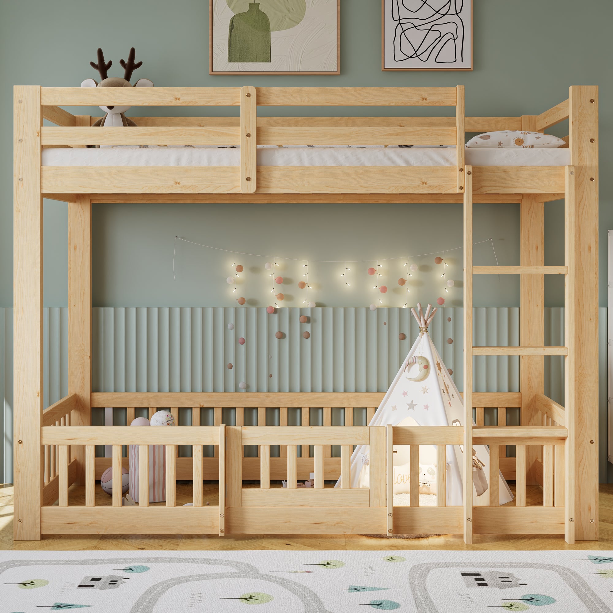 Bunk Bed, Wooden with Stairs, Railing, Fall Protection, Pine