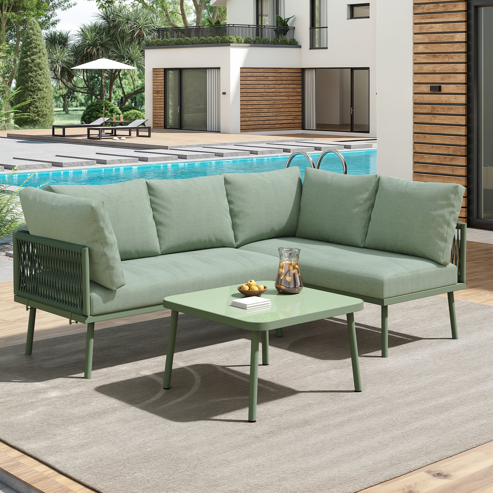 L-shaped Garden Lounge Set 3-Piece Iron Frame with Seat Cushions Green Rope