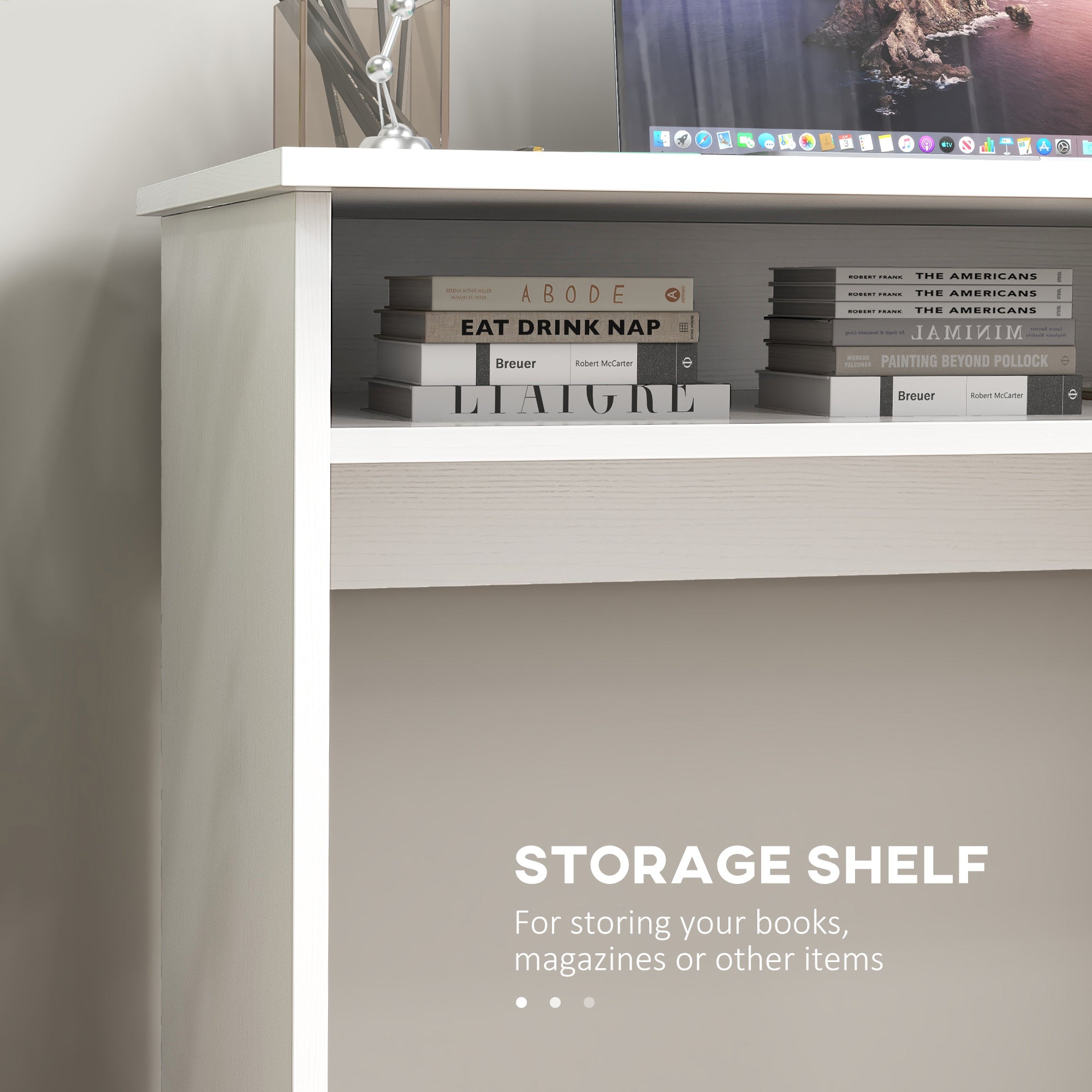 Modern Computer Desk Small Writing Desk Storage Shelf White Wood Grain