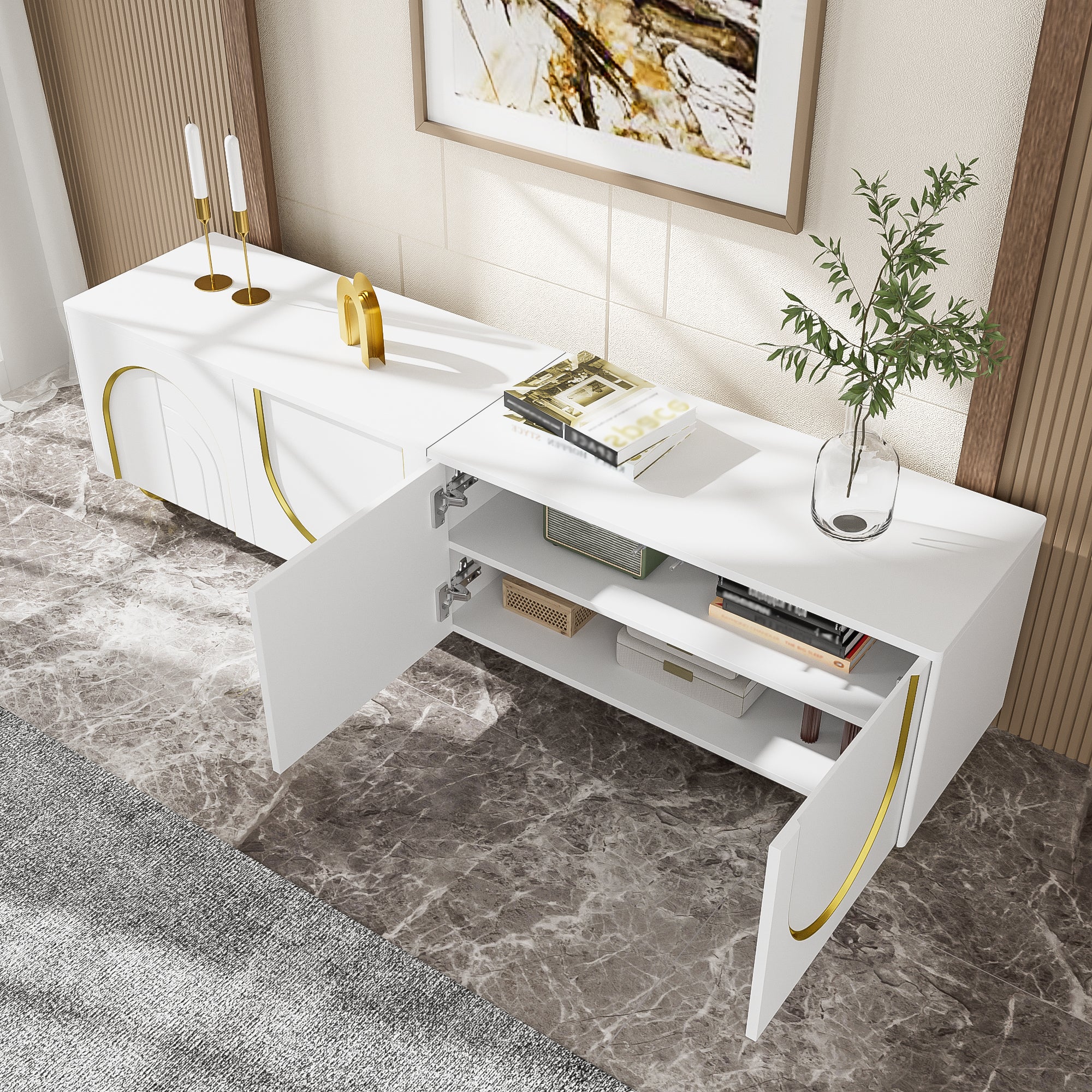 TV Cabinet Lowboard with Textured Doors, Drawers, Open Compartments, Gold Handles and Feet, White and Gold