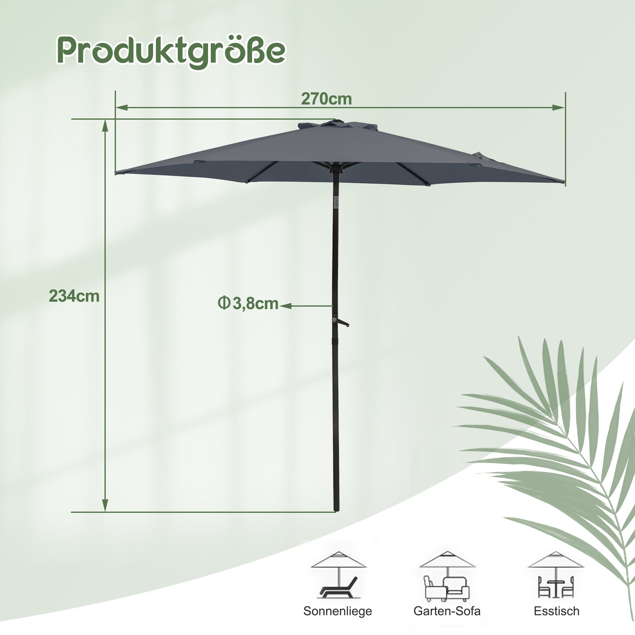 Parasol, Ø 270 cm Foldable Travel Beach Umbrella