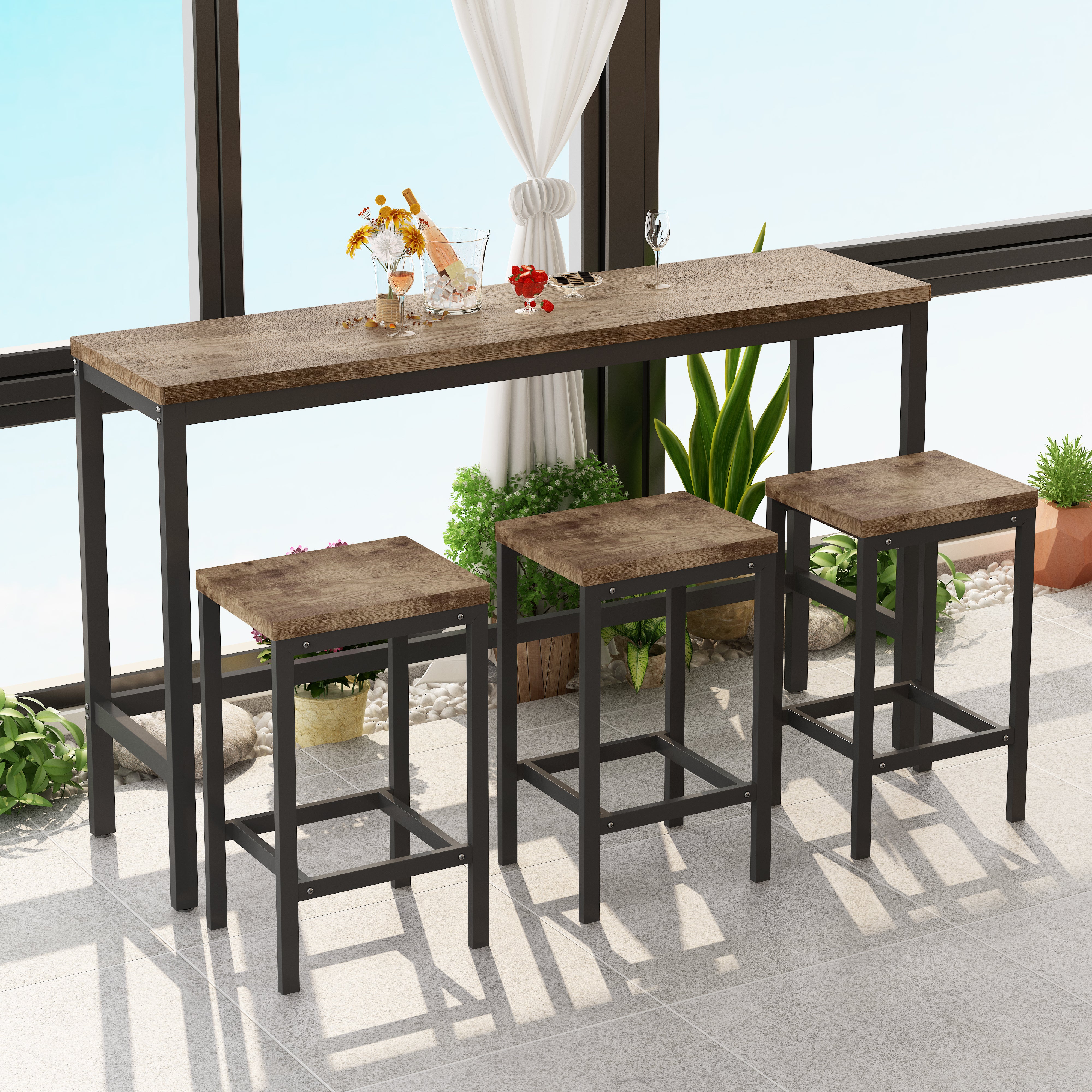 Dining Table Set, Modern Design with 3 Stools, Natural