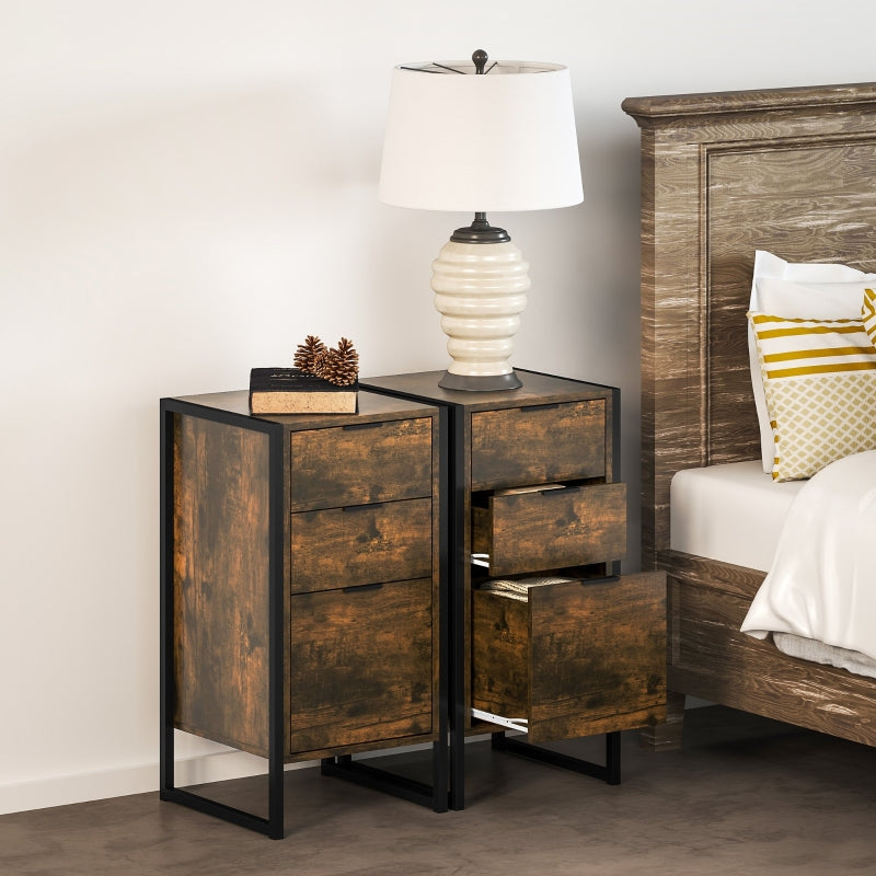 Bedroom Chest of Drawers Set of 2, 3-Drawer Storage Unit with Metal Frame, Rustic Brown