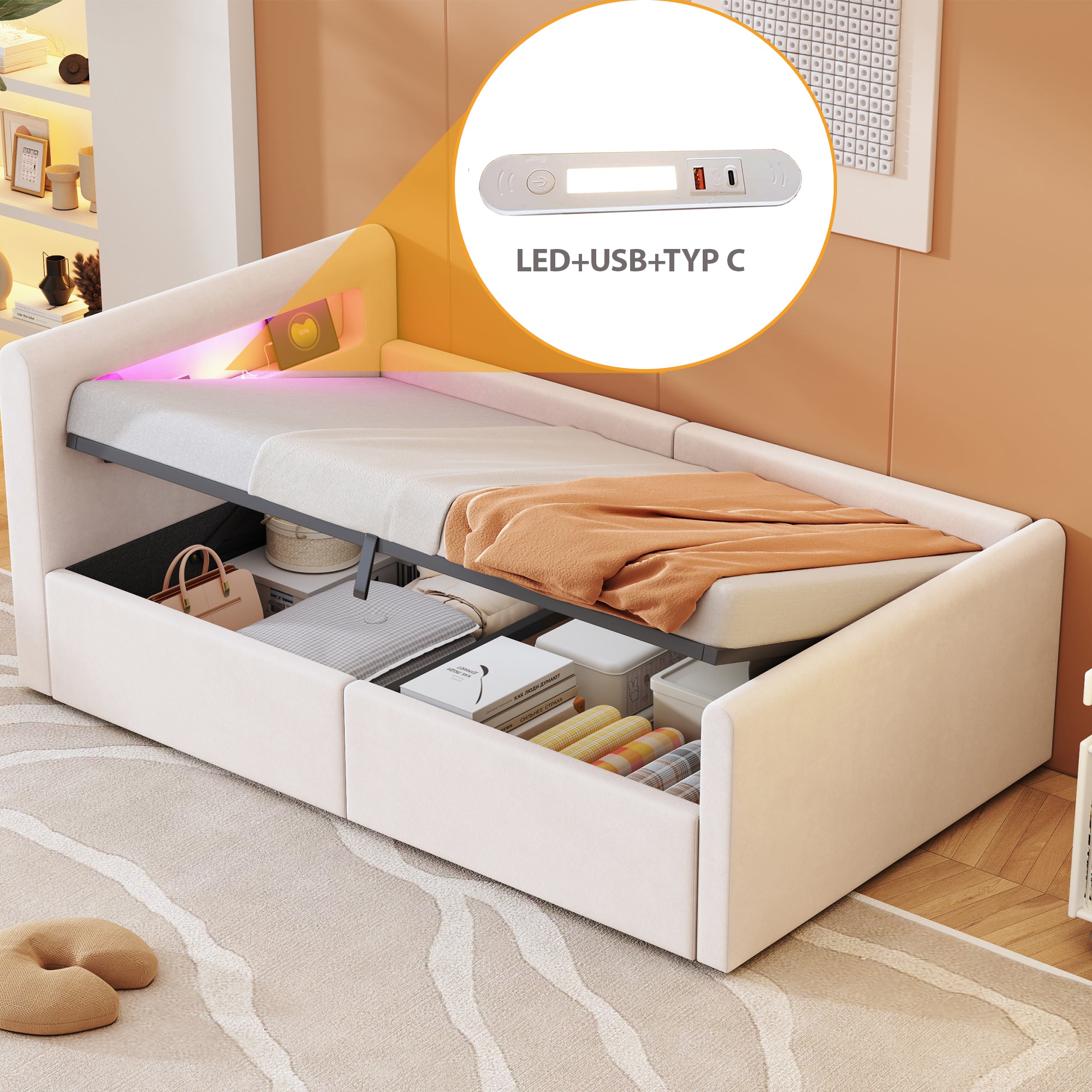 Upholstered Children's Bed 90x200 cm, LED/USB, Hydraulic Storage, Shelf, Velvet Fabric Beige