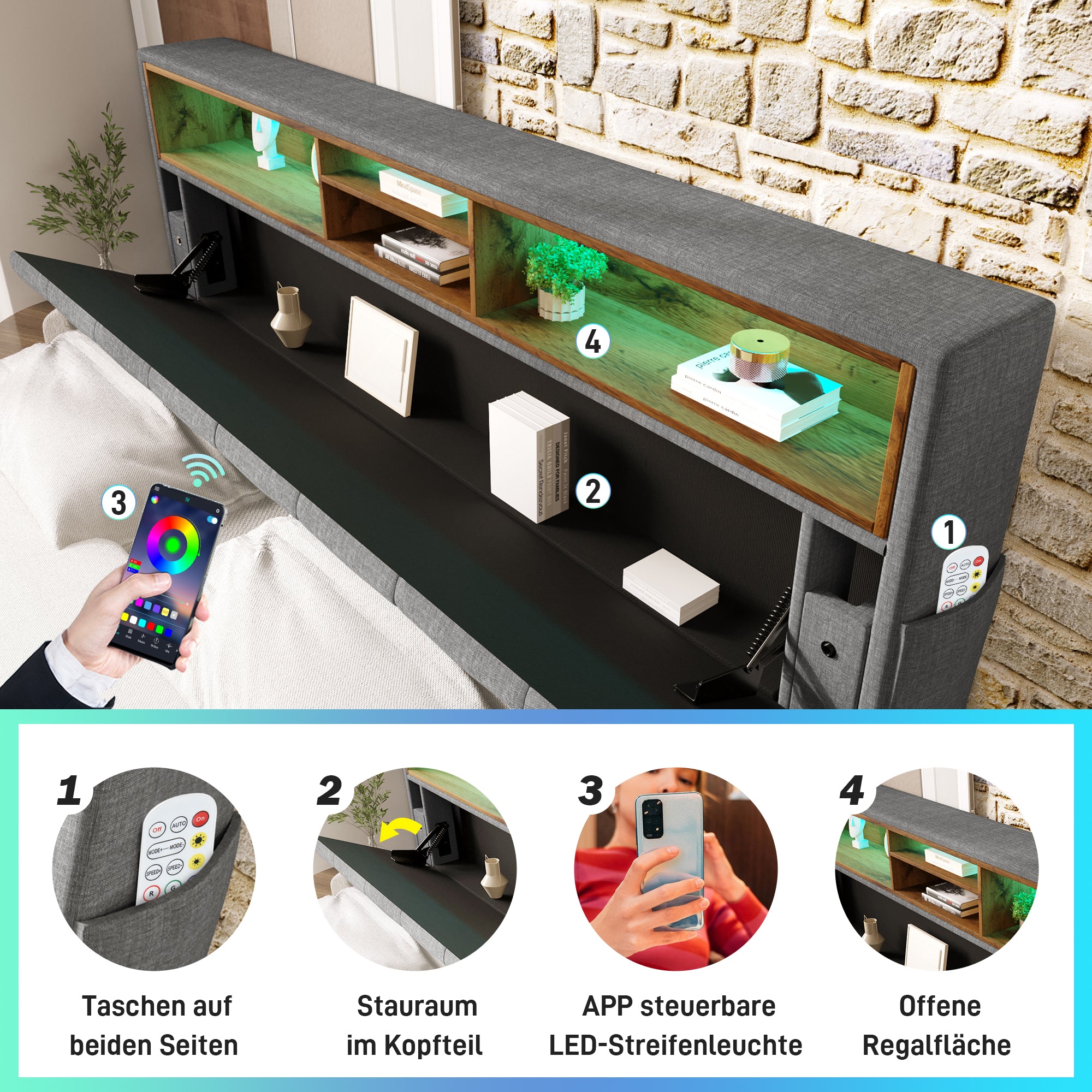 Upholstered Double Bed, Storage Headboard LED Lighting Wooden Frame 140x200cm, Grey
