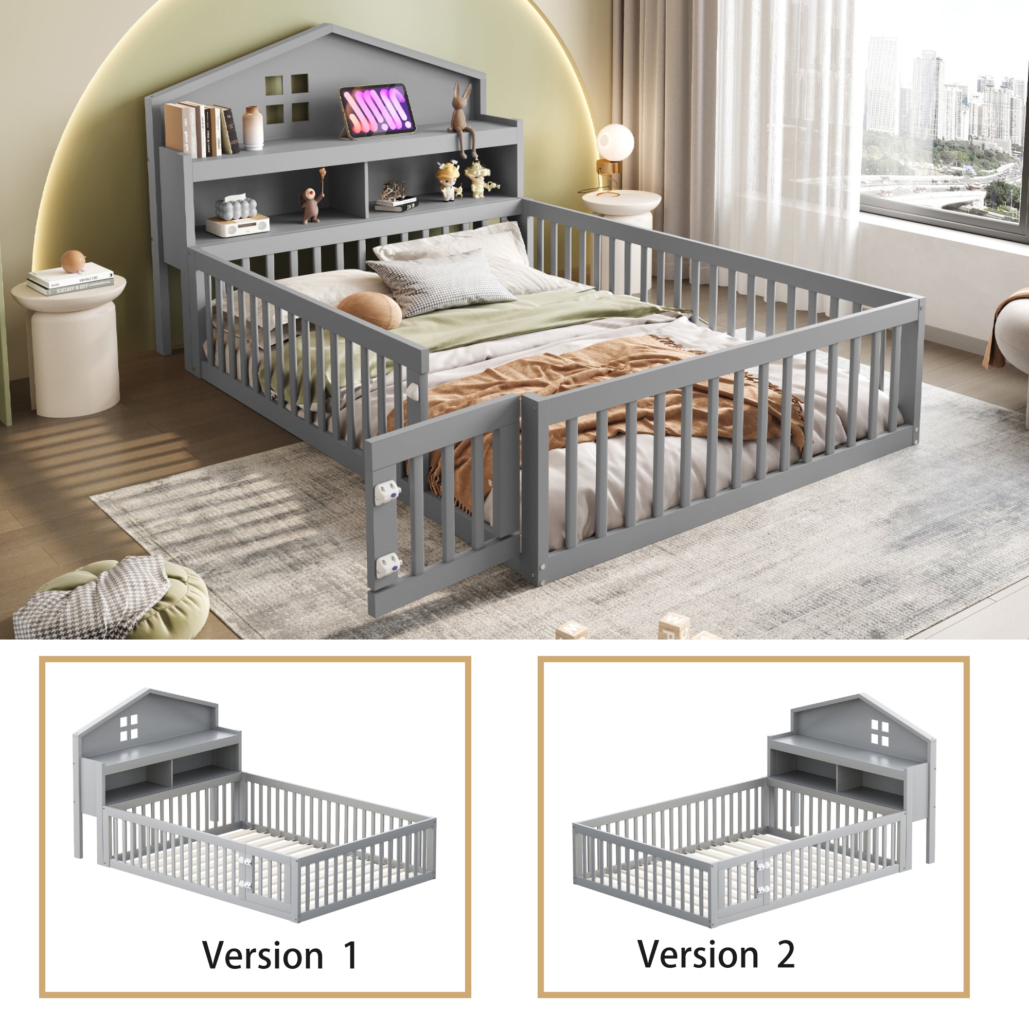 Children's Bed 140x200, House Frame with Shelves, Safety Gate & Slatted Frame, Grey Solid Wood