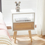 Rattan Side Table with Drawer and Solid Wood Legs, White
