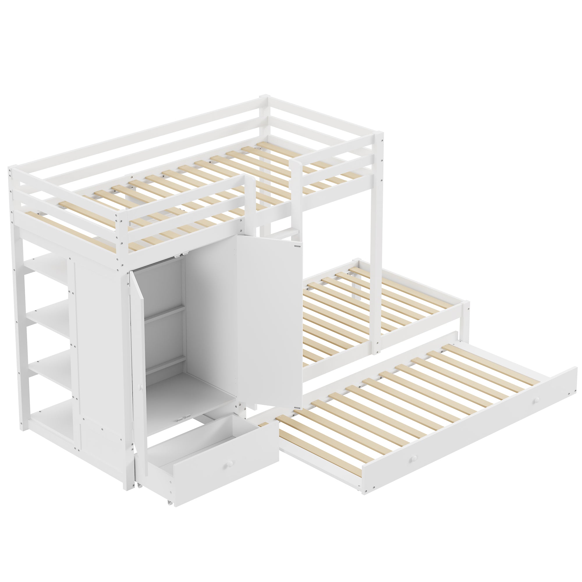 Bunk Bed 90x200 with Pull-Out Bed & Storage, Solid Wood, White