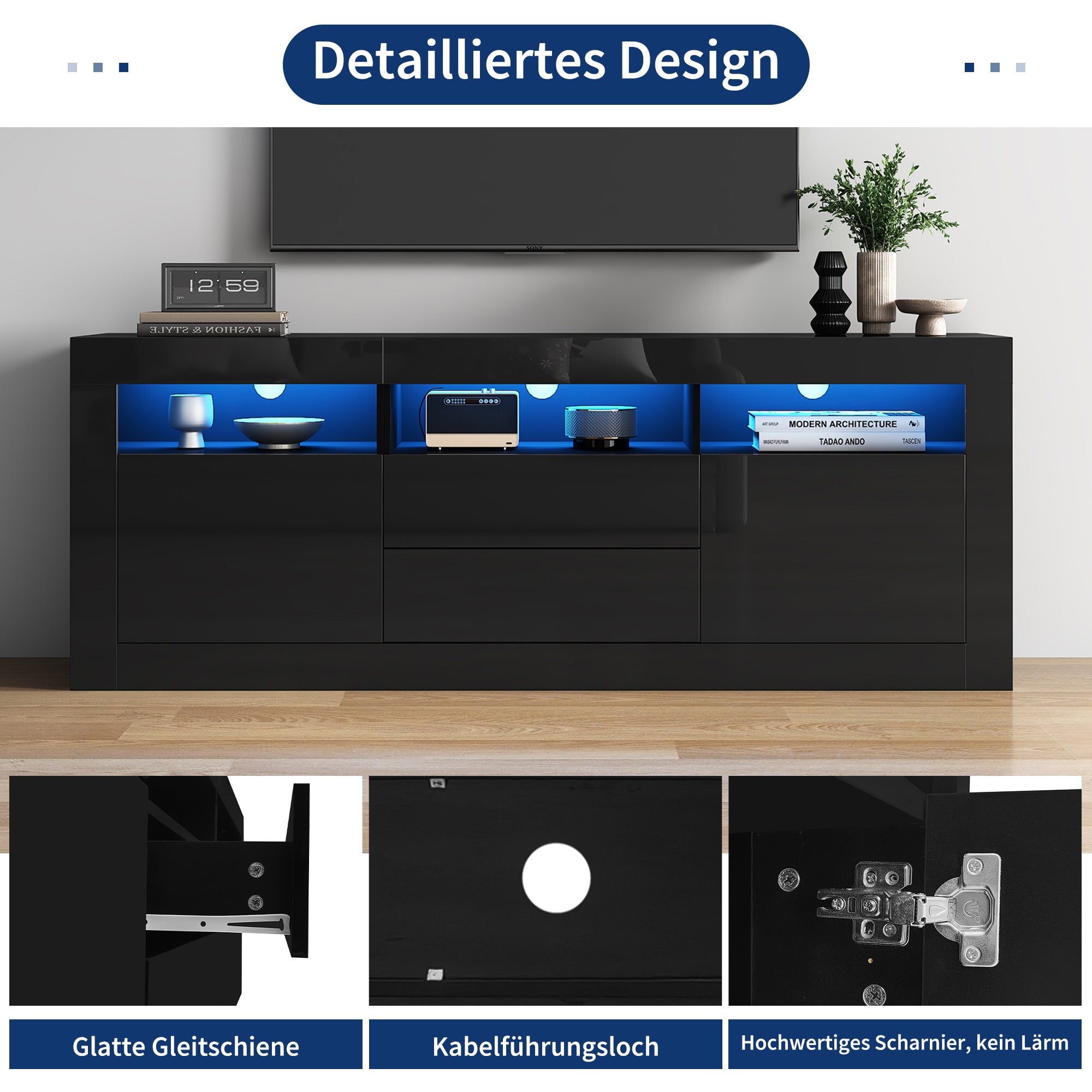 TV Cabinet, 160x35x60cm LED Lighting, 3 Open, 2 Door, 2 Drawer, Smart App Control, for 70-inch TVs, High Gloss