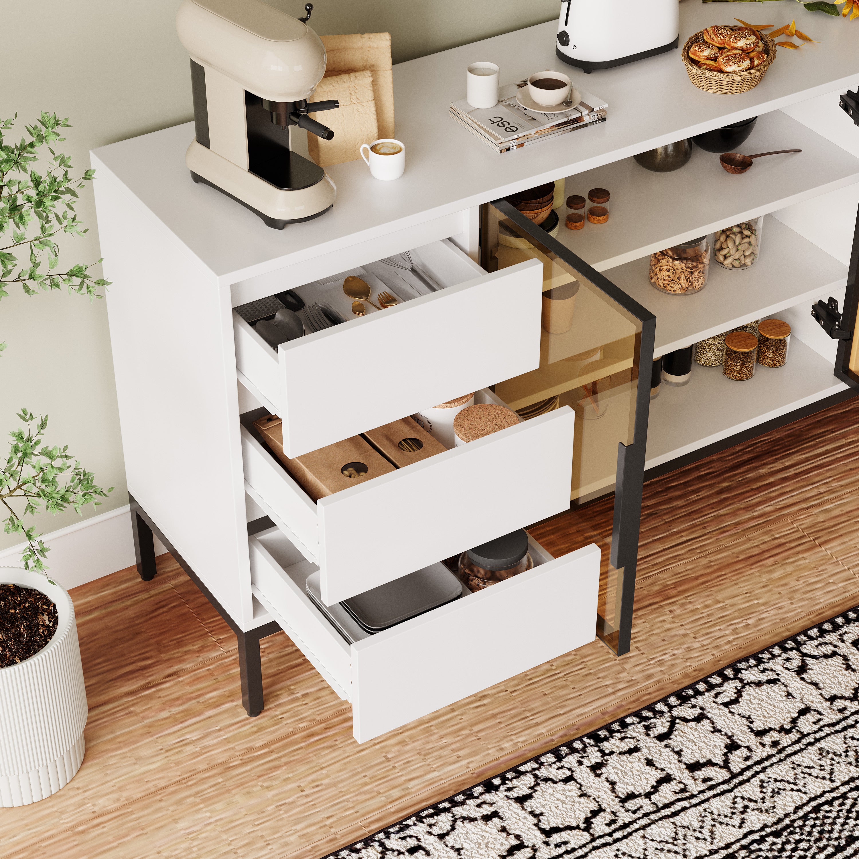 Buffet Cabinet with Doors, 3 Drawers & Display Storage - White
