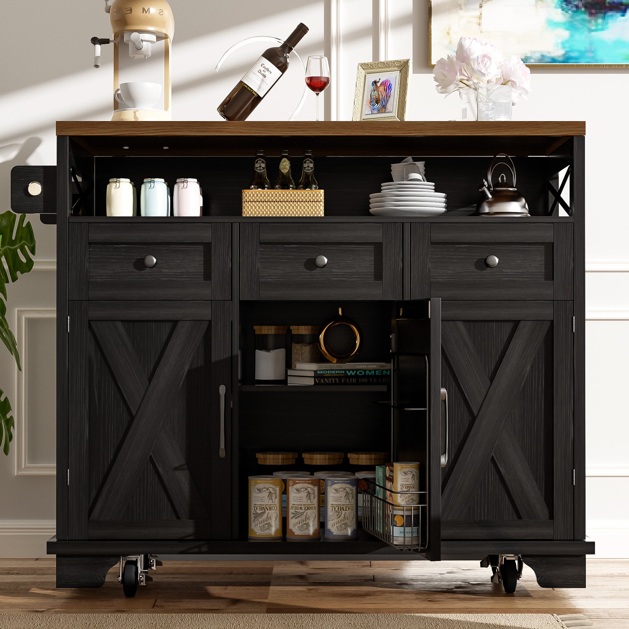 Kitchen Island Mobile Storage Cart with Dividers & Towel Rail - Wood Grain Black