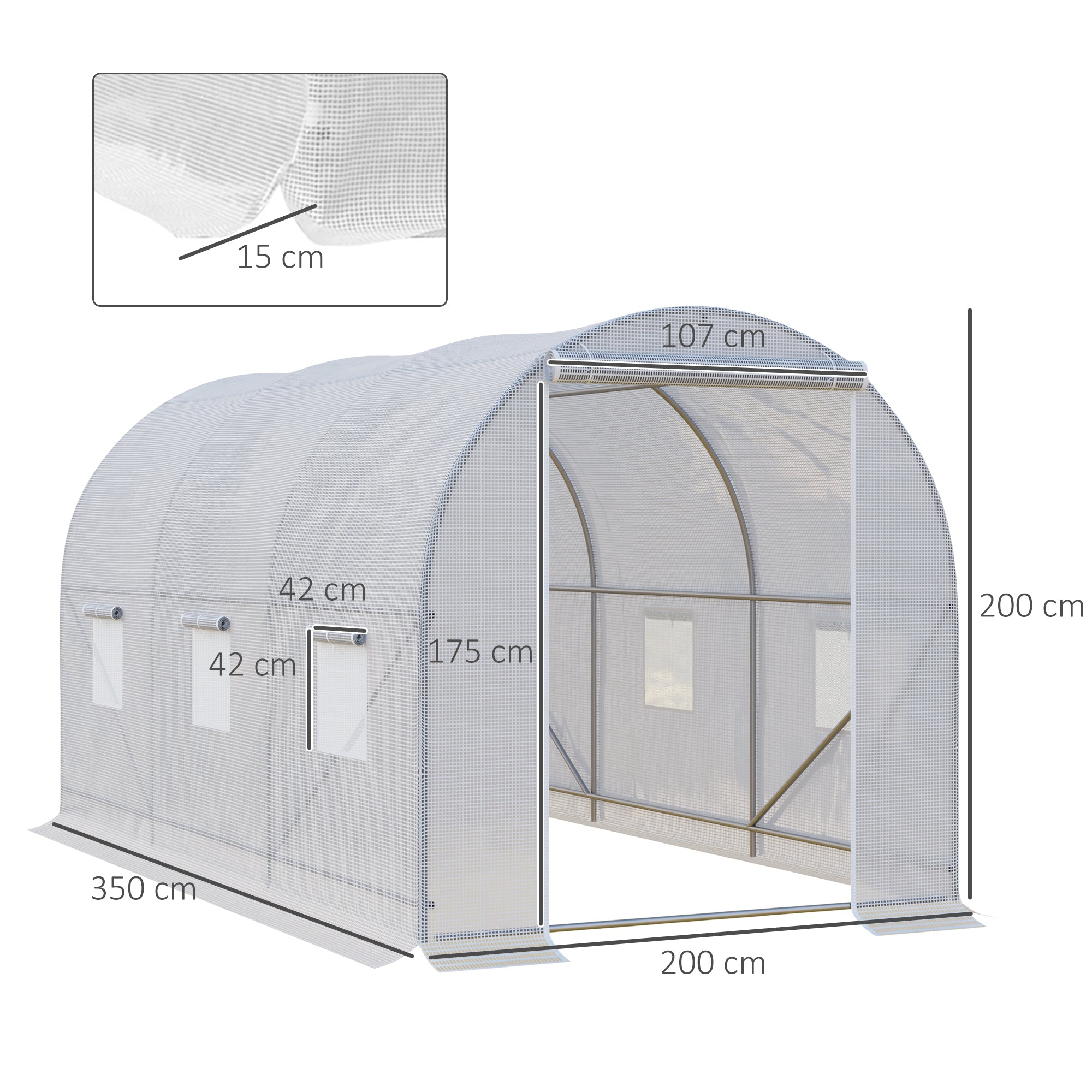 Polytunnel Greenhouse, 3.5 x 2 x 2 m Walk-in with Mesh Windows, Galvanised Steel, White
