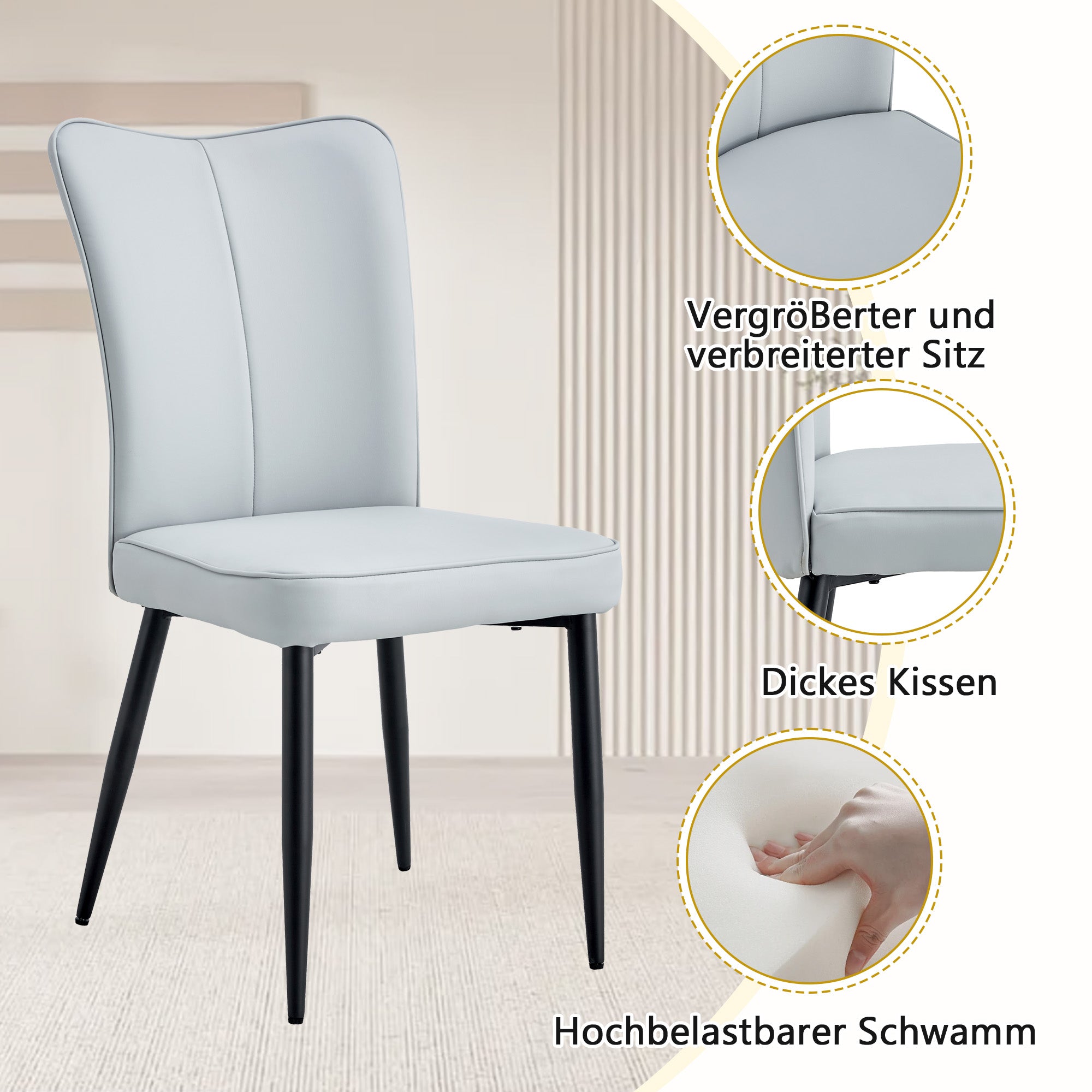 160 cm Dining Table Set with Storage & 4 Modern Chairs, Light Grey PU Leather/Black Metal