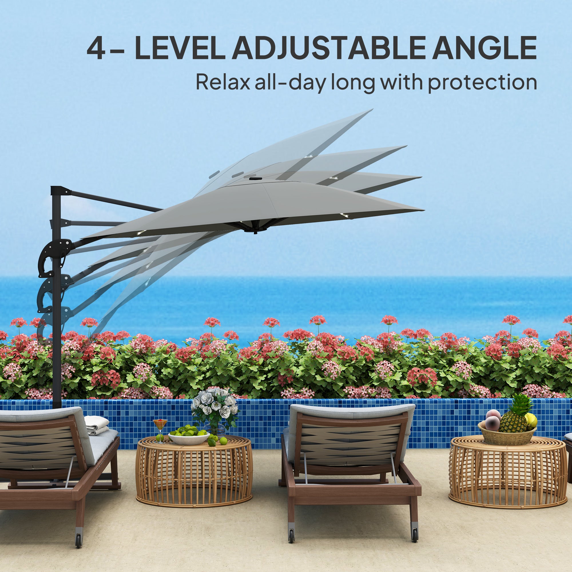 Cantilever Garden Parasol, Solar Powered Lights, Crank Handle, Cross Base, UPF 50+, 360° Rotation, Dark Grey