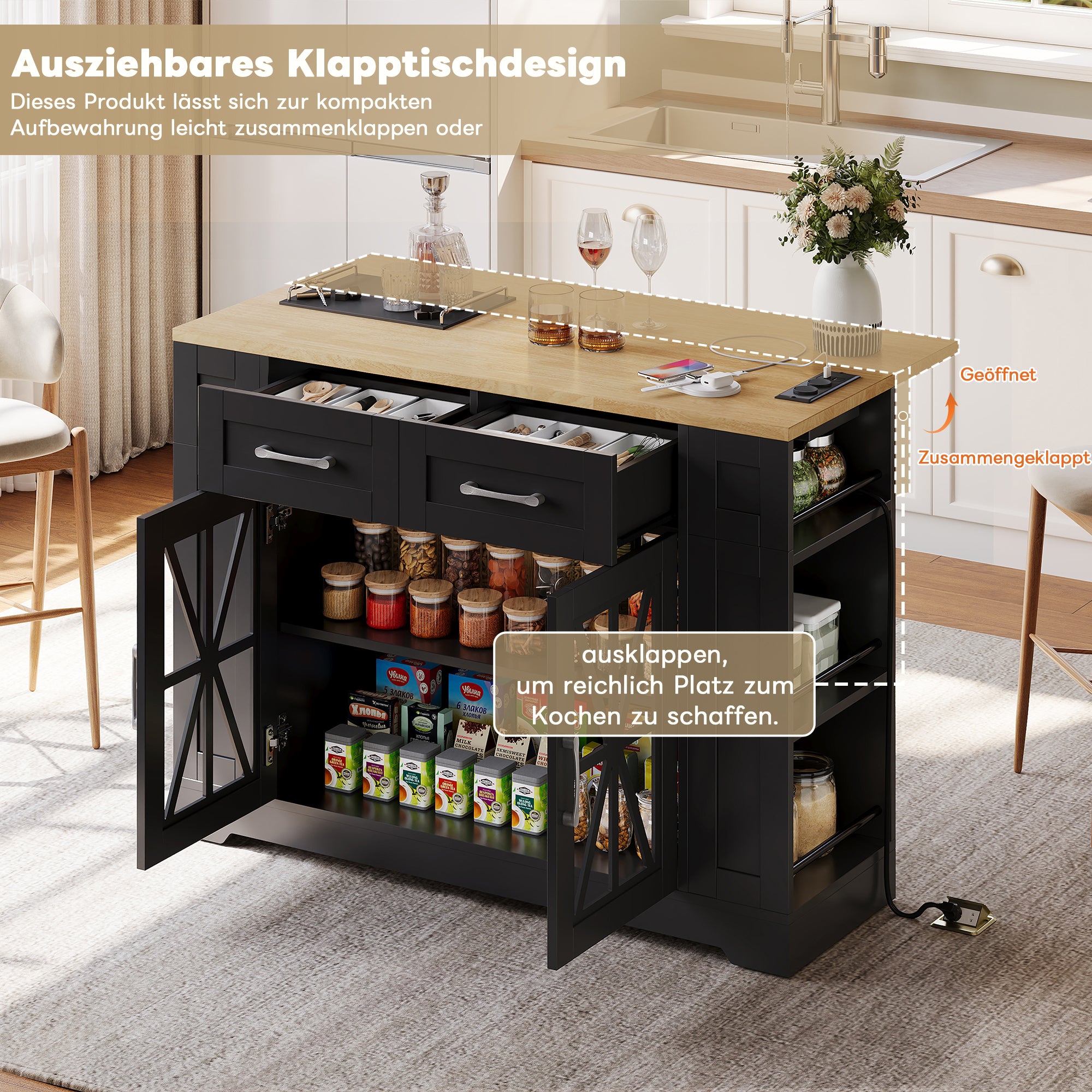 Portable Kitchen Island with Folding Dining Table, AC and USB Ports and Glass Door, Wood Effect