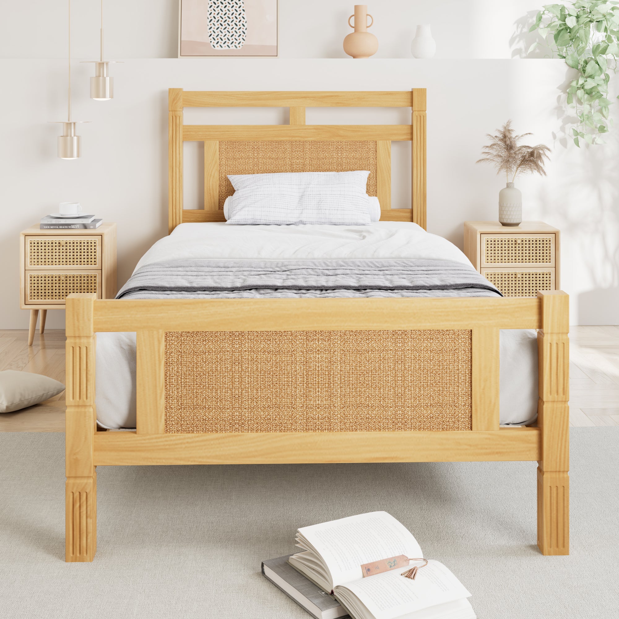 Wooden Bed, Single 90x190cm, Rattan Paper MDF/Pine, Wood Colour
