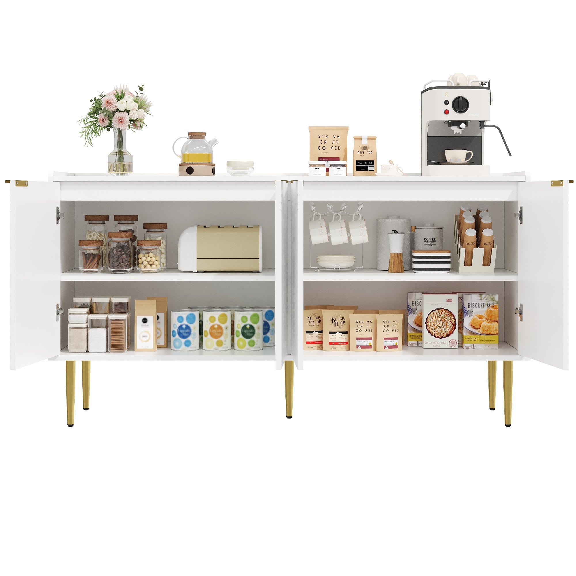Sideboard Cabinet Buffet Storage Set, 140L x 38W x 75H cm, White MDF
