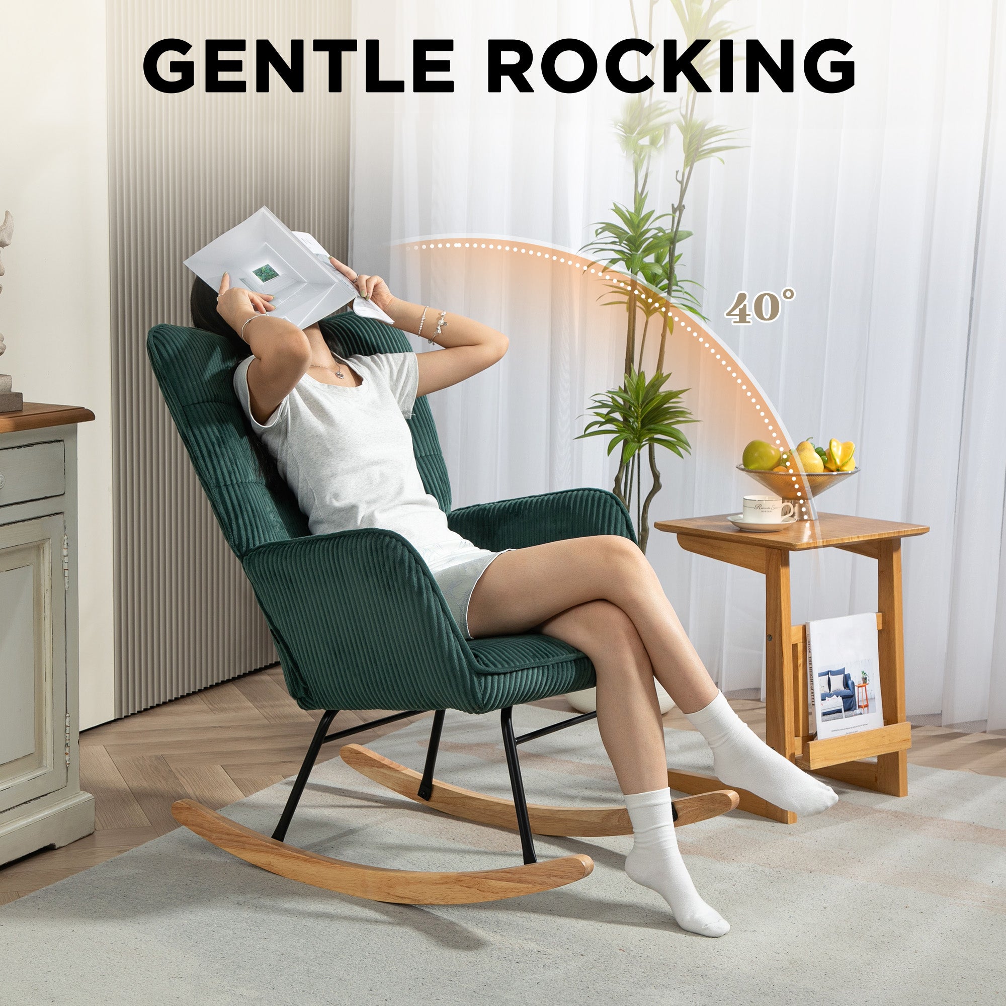 Rocking Chair Armchair Wooden Runners Corduroy Dark Green