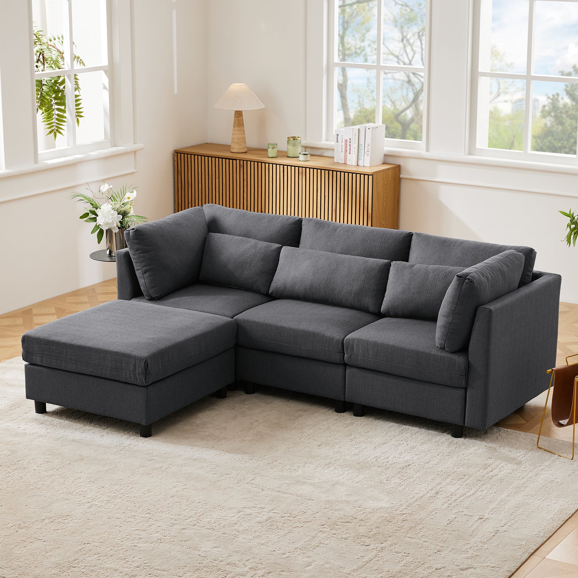 Sofa, Three-Seater L-Shaped Corner with Footstool, Upholstered