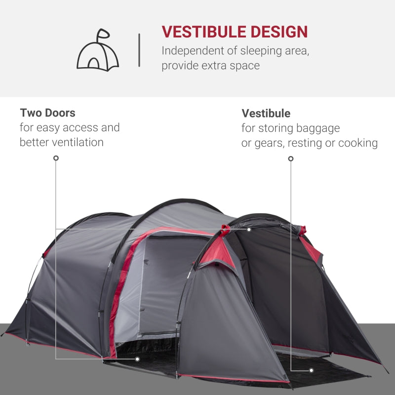 2-3 Person Tunnel Tent, Sewn-in Groundsheet, Porch, 2000mm Water Column, Grey